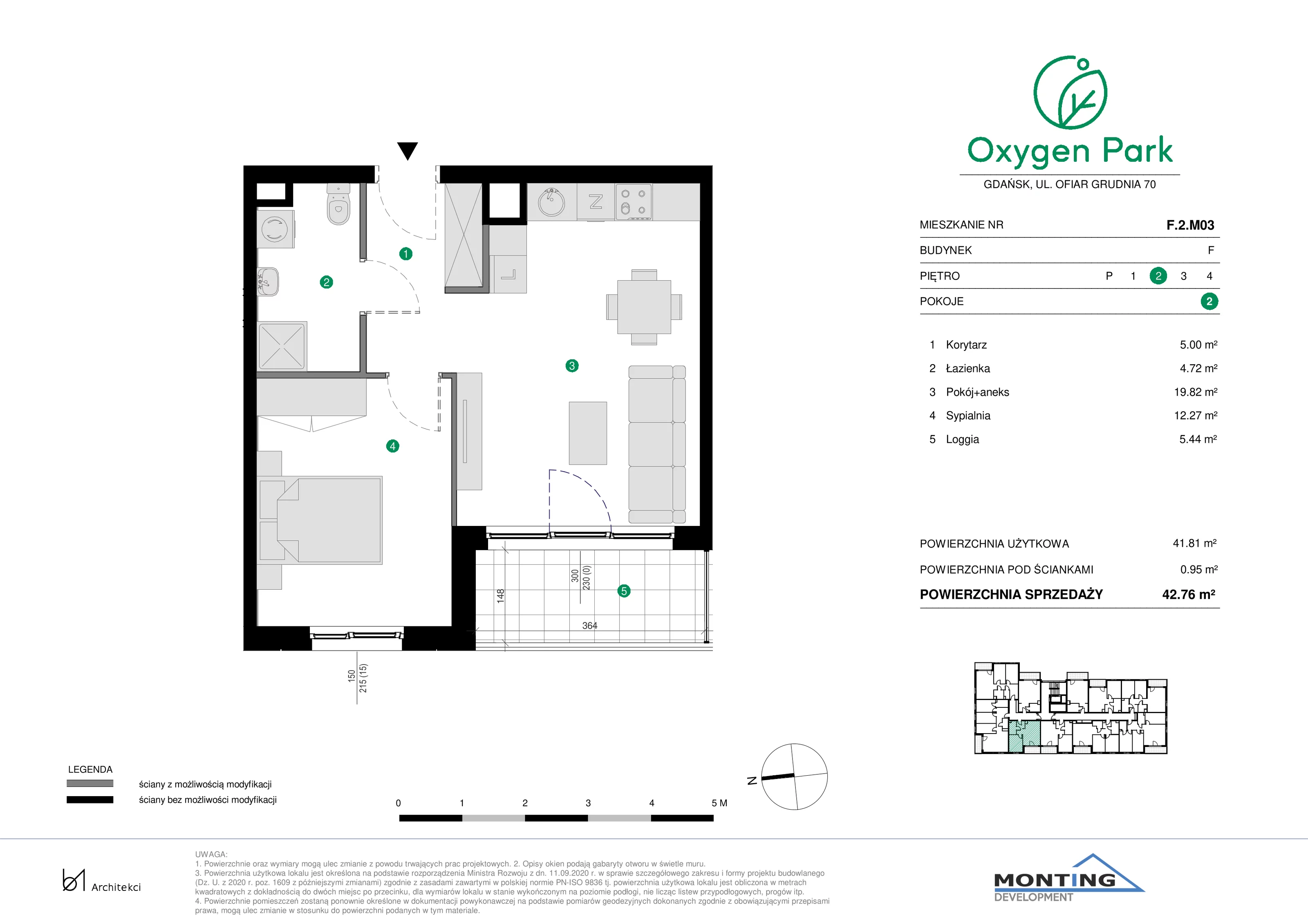2 pokoje, mieszkanie 42,76 m², piętro 2, oferta nr F.2.M03, Oxygen Park, Gdańsk, Orunia Górna-Gdańsk Południe, ul. Erwiny Barzychowskiej