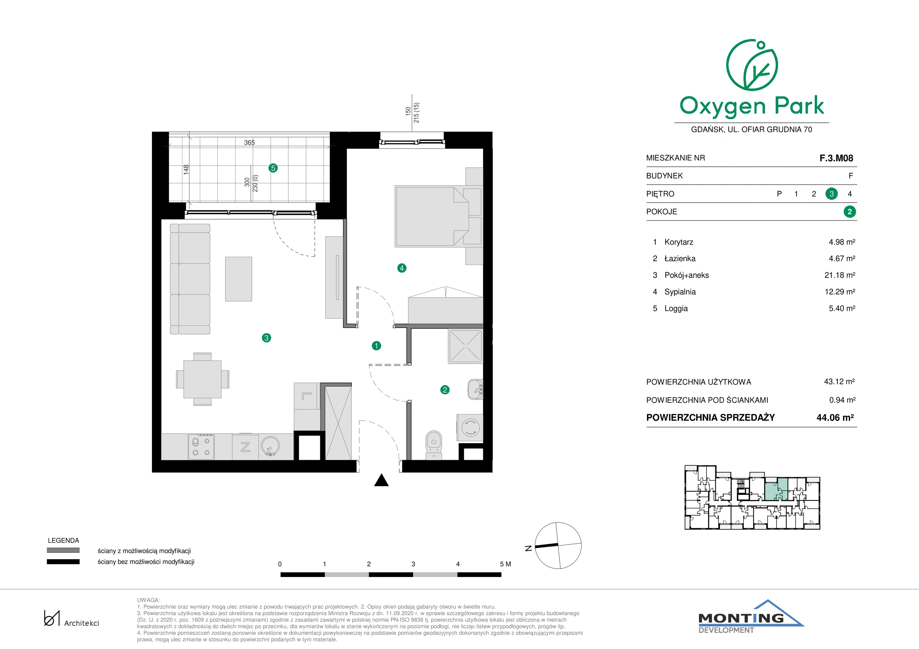 2 pokoje, mieszkanie 44,06 m², piętro 3, oferta nr F.3.M08, Oxygen Park, Gdańsk, Orunia Górna-Gdańsk Południe, ul. Erwiny Barzychowskiej