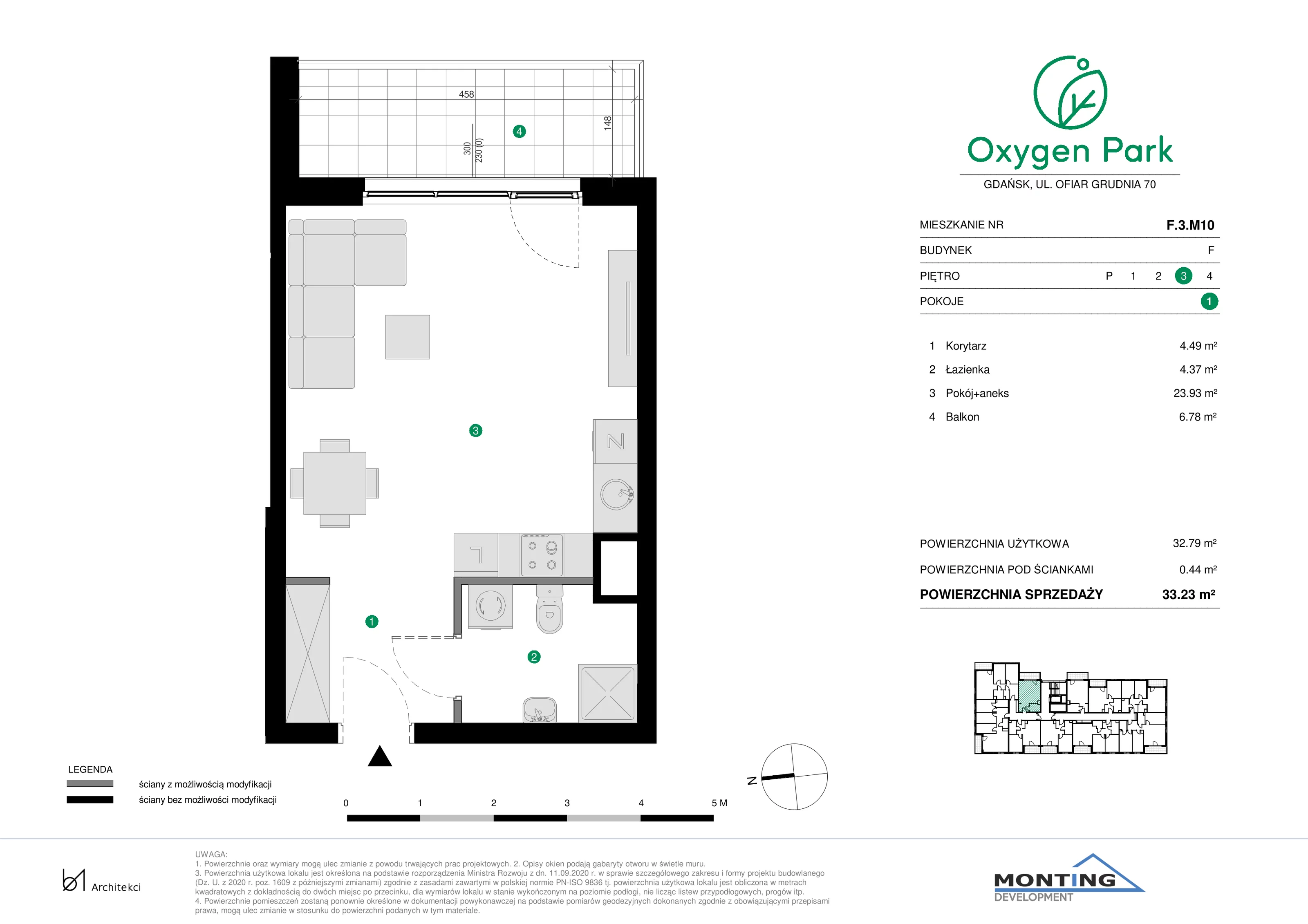 1 pokój, mieszkanie 33,23 m², piętro 3, oferta nr F.3.M10, Oxygen Park, Gdańsk, Orunia Górna-Gdańsk Południe, ul. Erwiny Barzychowskiej
