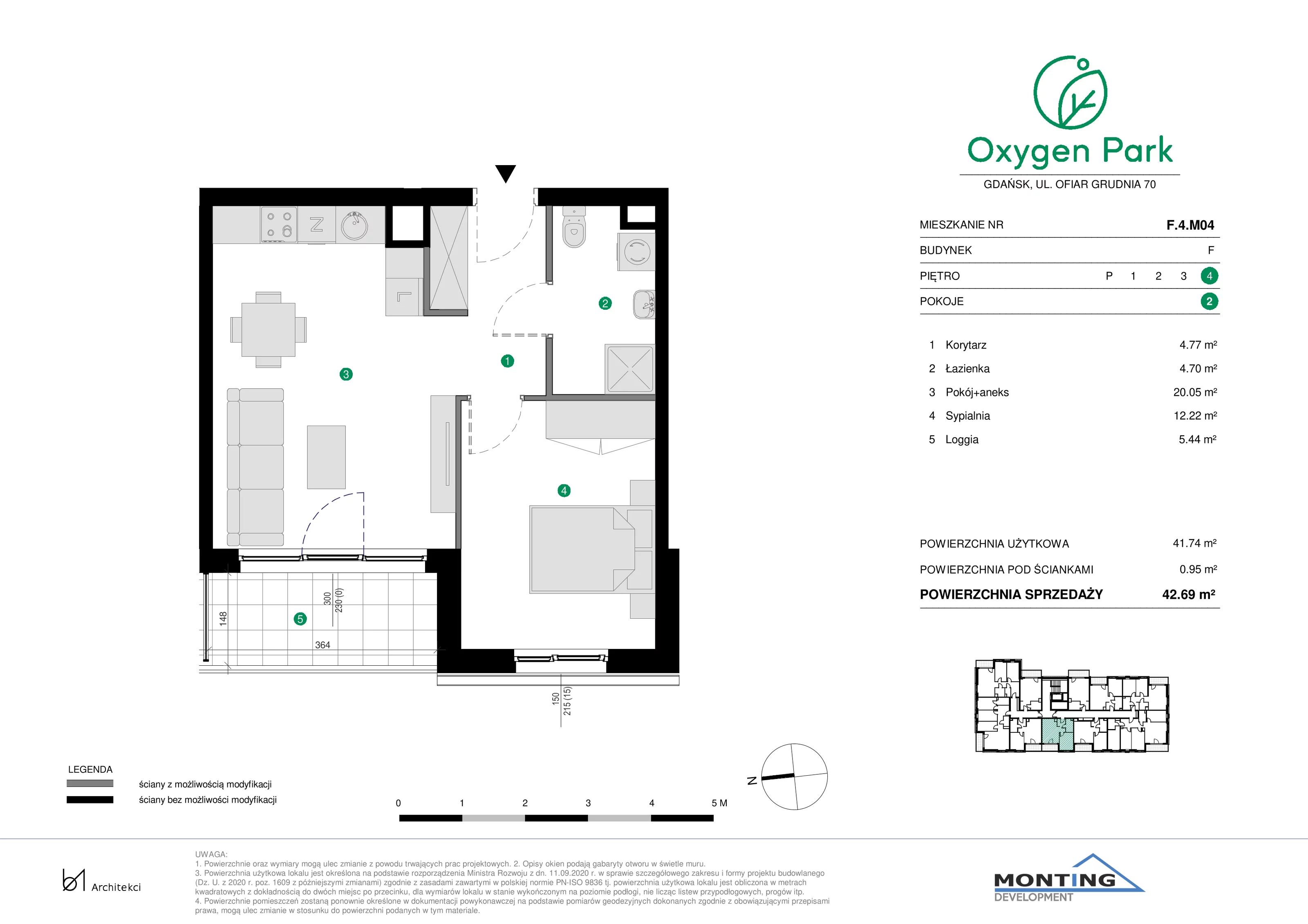 2 pokoje, mieszkanie 42,69 m², piętro 4, oferta nr F.4.M04, Oxygen Park, Gdańsk, Orunia Górna-Gdańsk Południe, ul. Erwiny Barzychowskiej