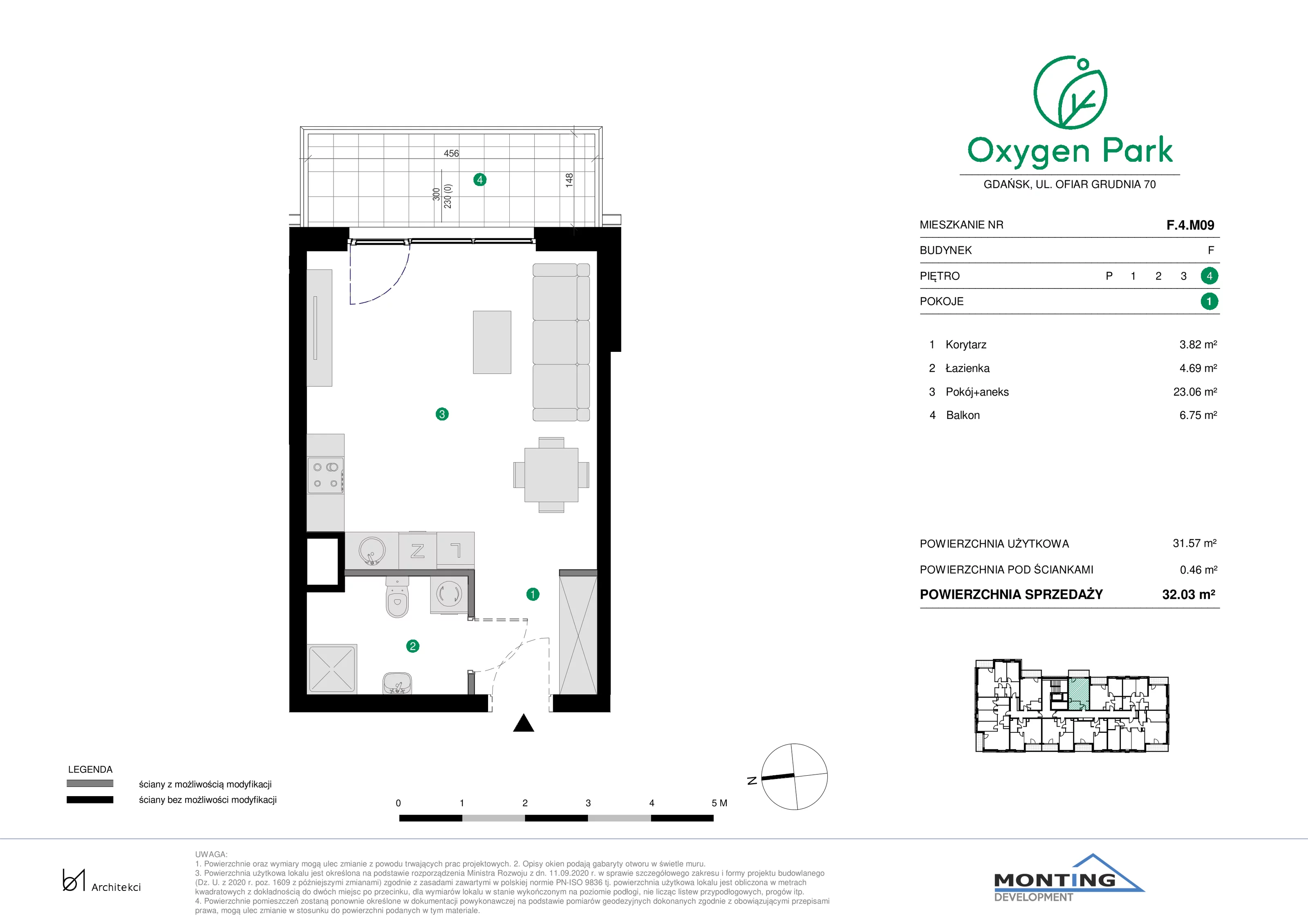 1 pokój, mieszkanie 32,03 m², piętro 4, oferta nr F.4.M09, Oxygen Park, Gdańsk, Orunia Górna-Gdańsk Południe, ul. Erwiny Barzychowskiej