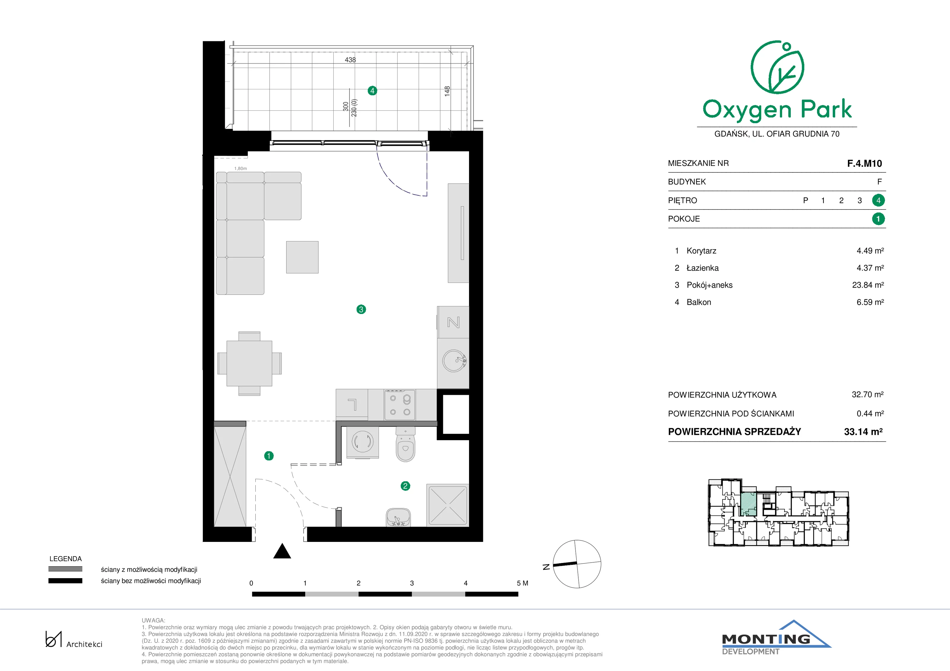 1 pokój, mieszkanie 33,14 m², piętro 4, oferta nr F.4.M10, Oxygen Park, Gdańsk, Orunia Górna-Gdańsk Południe, ul. Erwiny Barzychowskiej