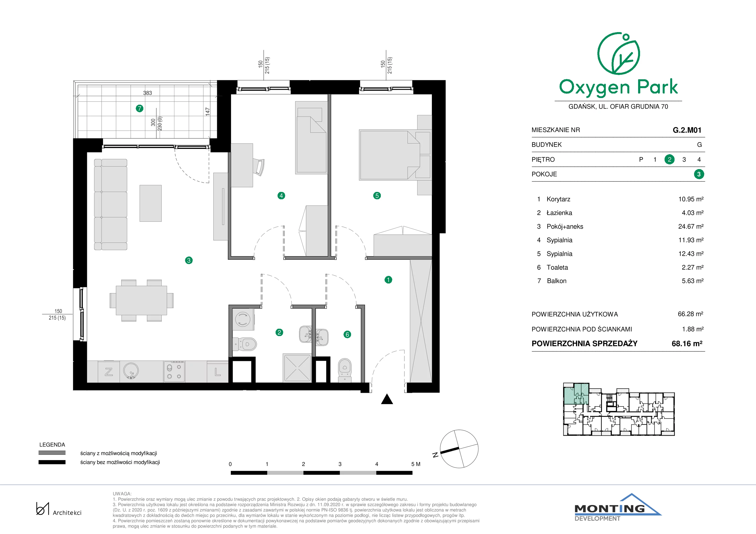 3 pokoje, mieszkanie 68,16 m², piętro 2, oferta nr G.2.M01, Oxygen Park, Gdańsk, Orunia Górna-Gdańsk Południe, ul. Erwiny Barzychowskiej