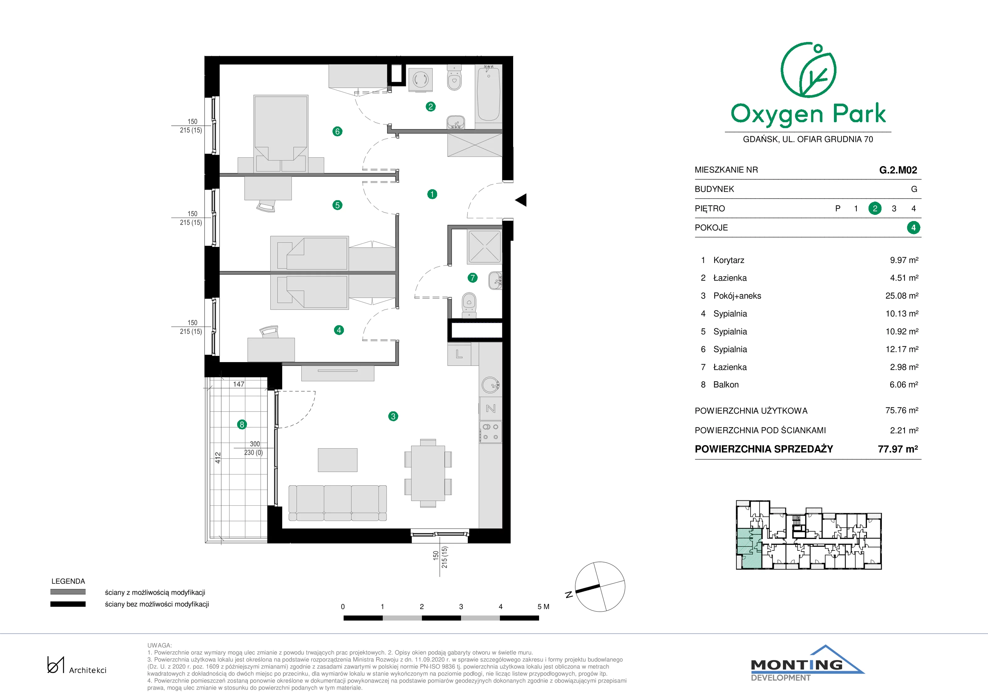 4 pokoje, mieszkanie 77,97 m², piętro 2, oferta nr G.2.M02, Oxygen Park, Gdańsk, Orunia Górna-Gdańsk Południe, ul. Erwiny Barzychowskiej