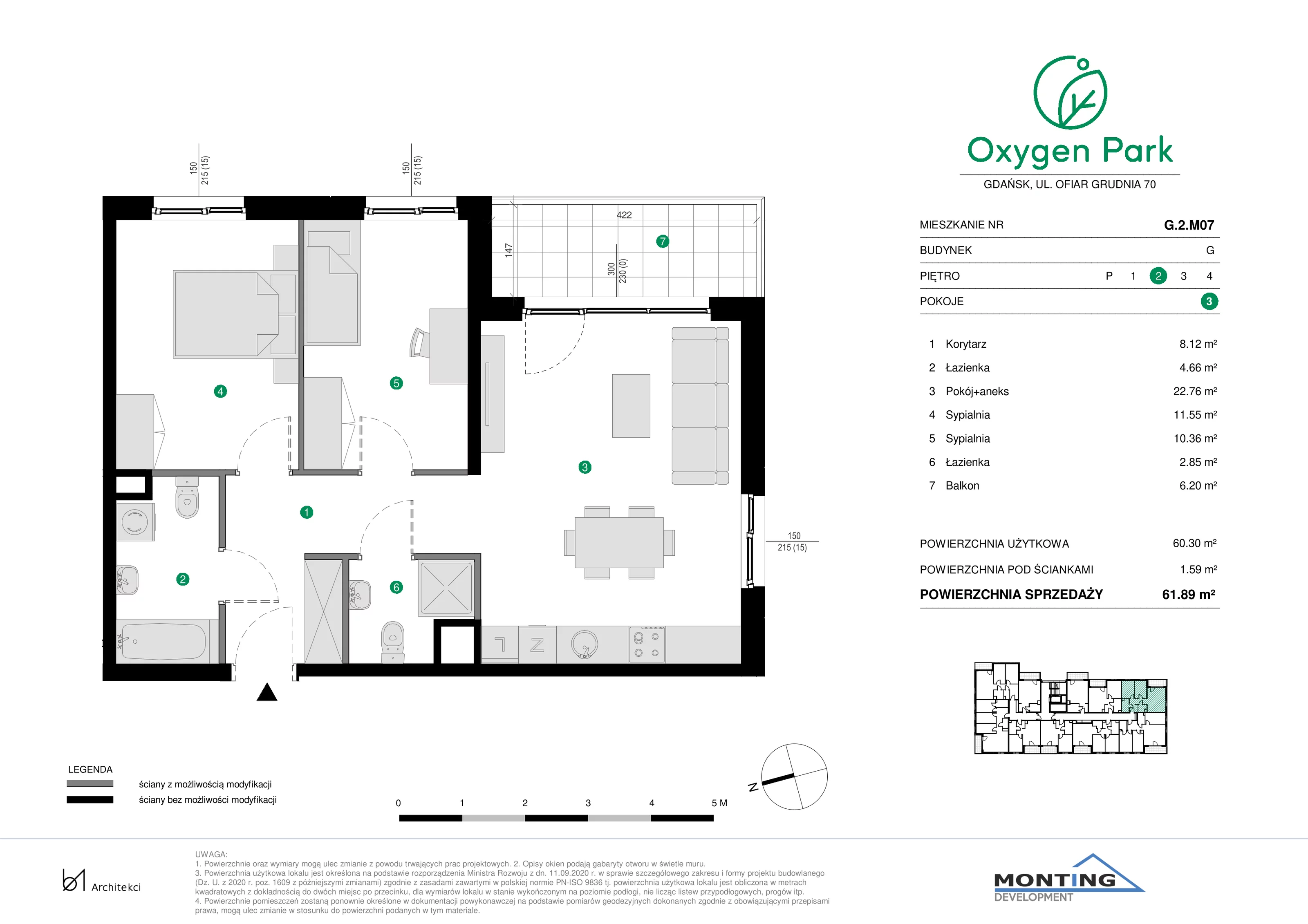 3 pokoje, mieszkanie 61,89 m², piętro 2, oferta nr G.2.M07, Oxygen Park, Gdańsk, Orunia Górna-Gdańsk Południe, ul. Erwiny Barzychowskiej