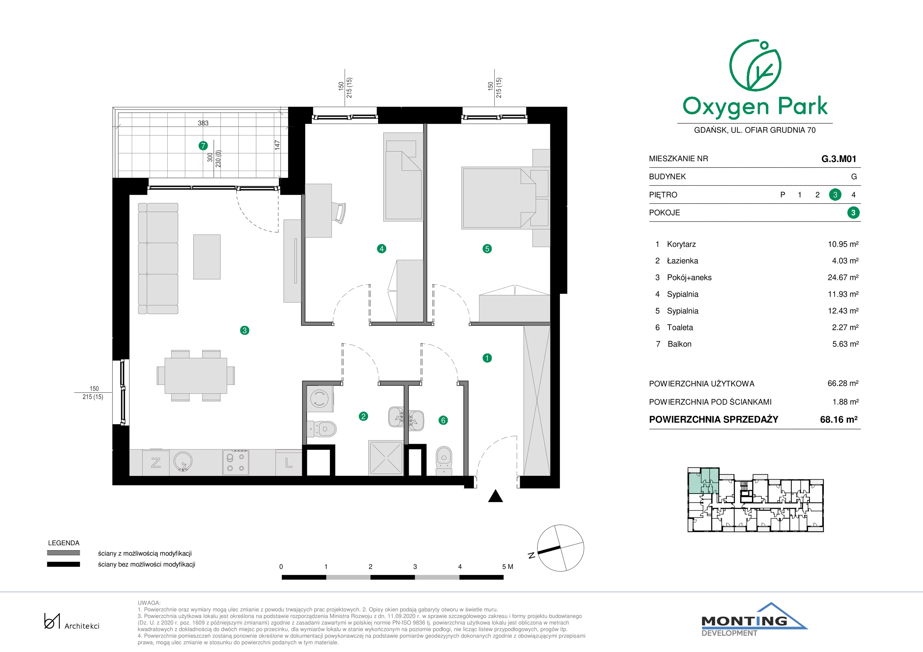 3 pokoje, mieszkanie 68,16 m², piętro 3, oferta nr G.3.M01, Oxygen Park, Gdańsk, Orunia Górna-Gdańsk Południe, ul. Erwiny Barzychowskiej