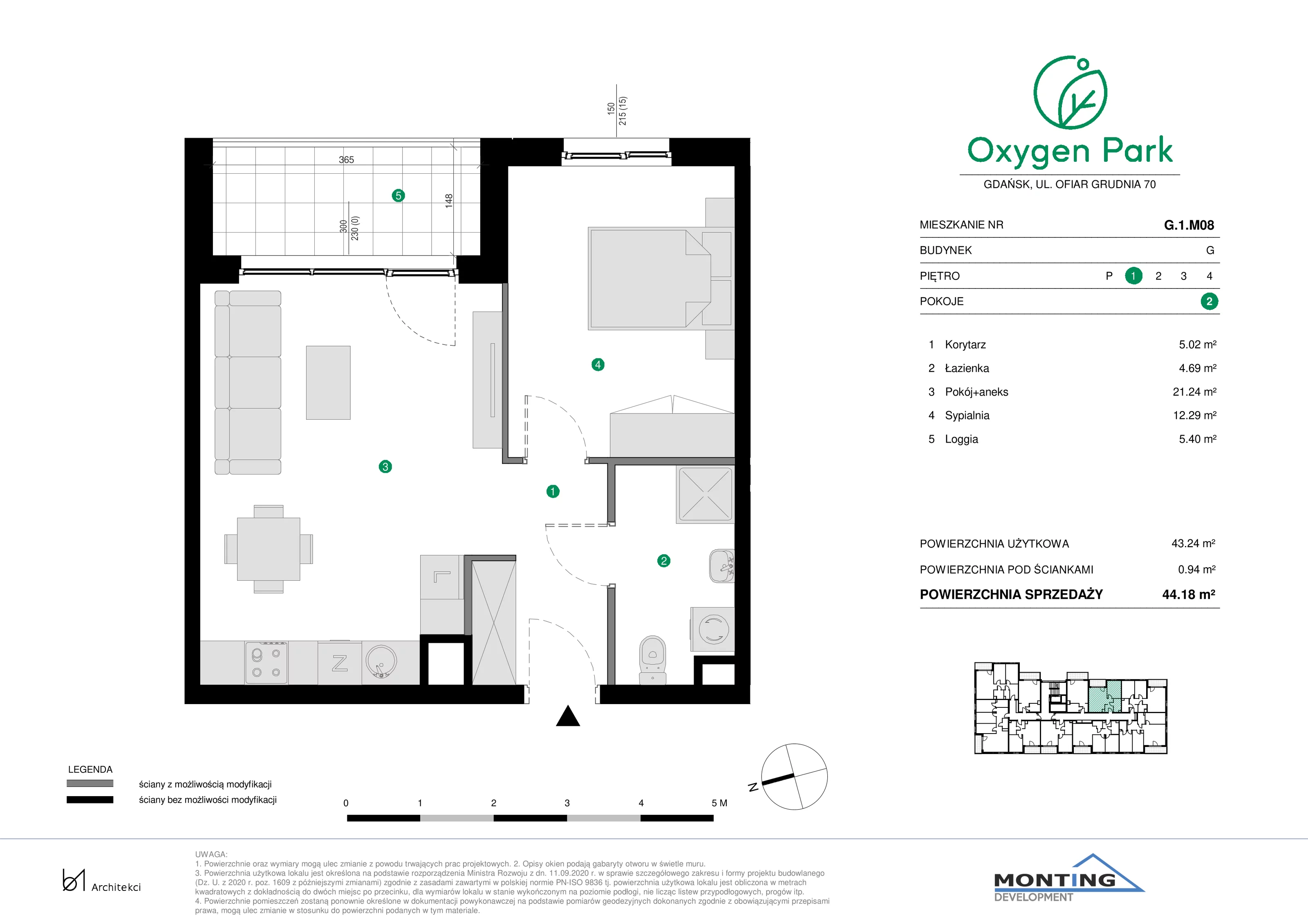 2 pokoje, mieszkanie 44,06 m², piętro 3, oferta nr G.3.M08, Oxygen Park, Gdańsk, Orunia Górna-Gdańsk Południe, ul. Erwiny Barzychowskiej