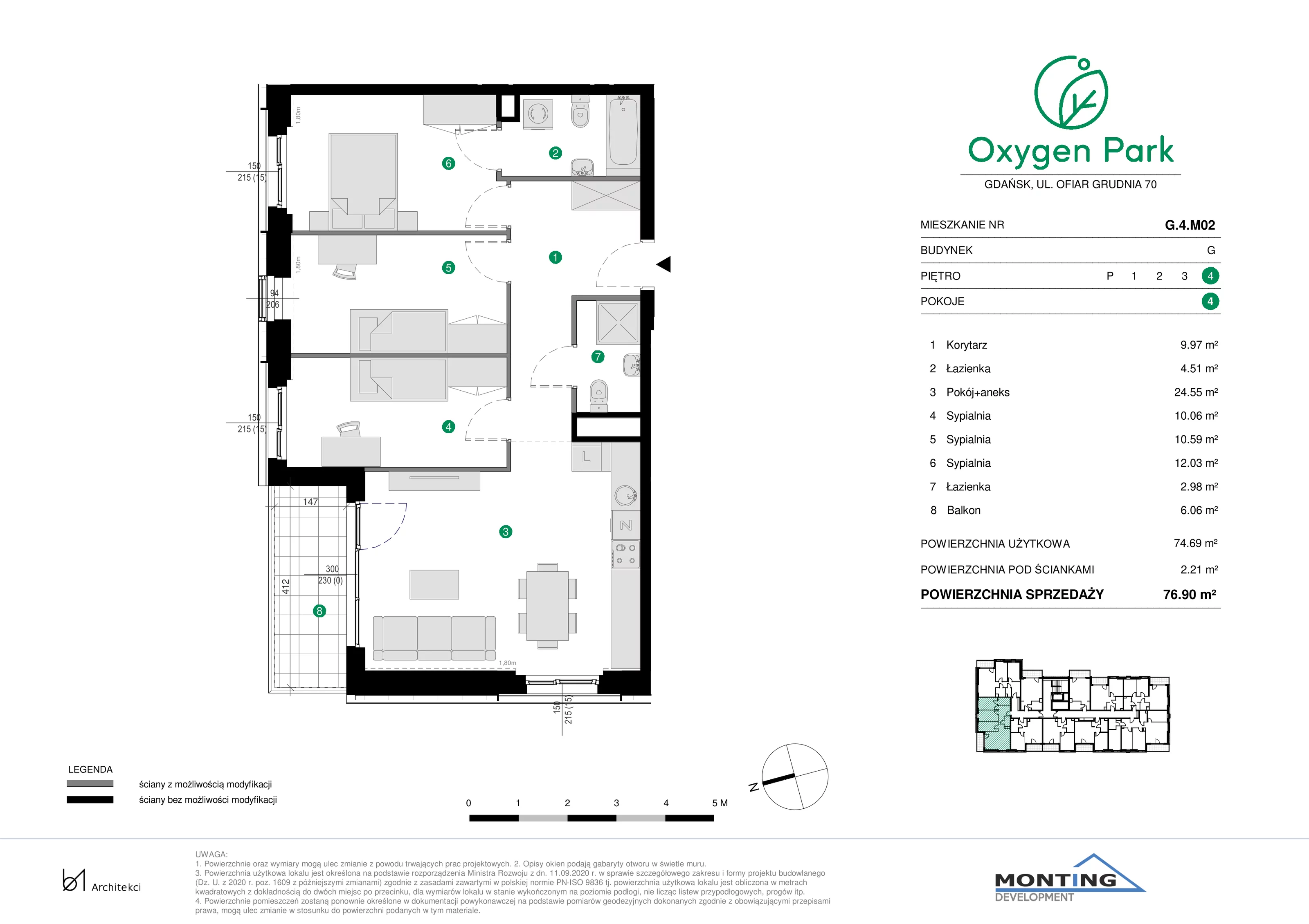 4 pokoje, mieszkanie 76,90 m², piętro 4, oferta nr G.4.M02, Oxygen Park, Gdańsk, Orunia Górna-Gdańsk Południe, ul. Erwiny Barzychowskiej