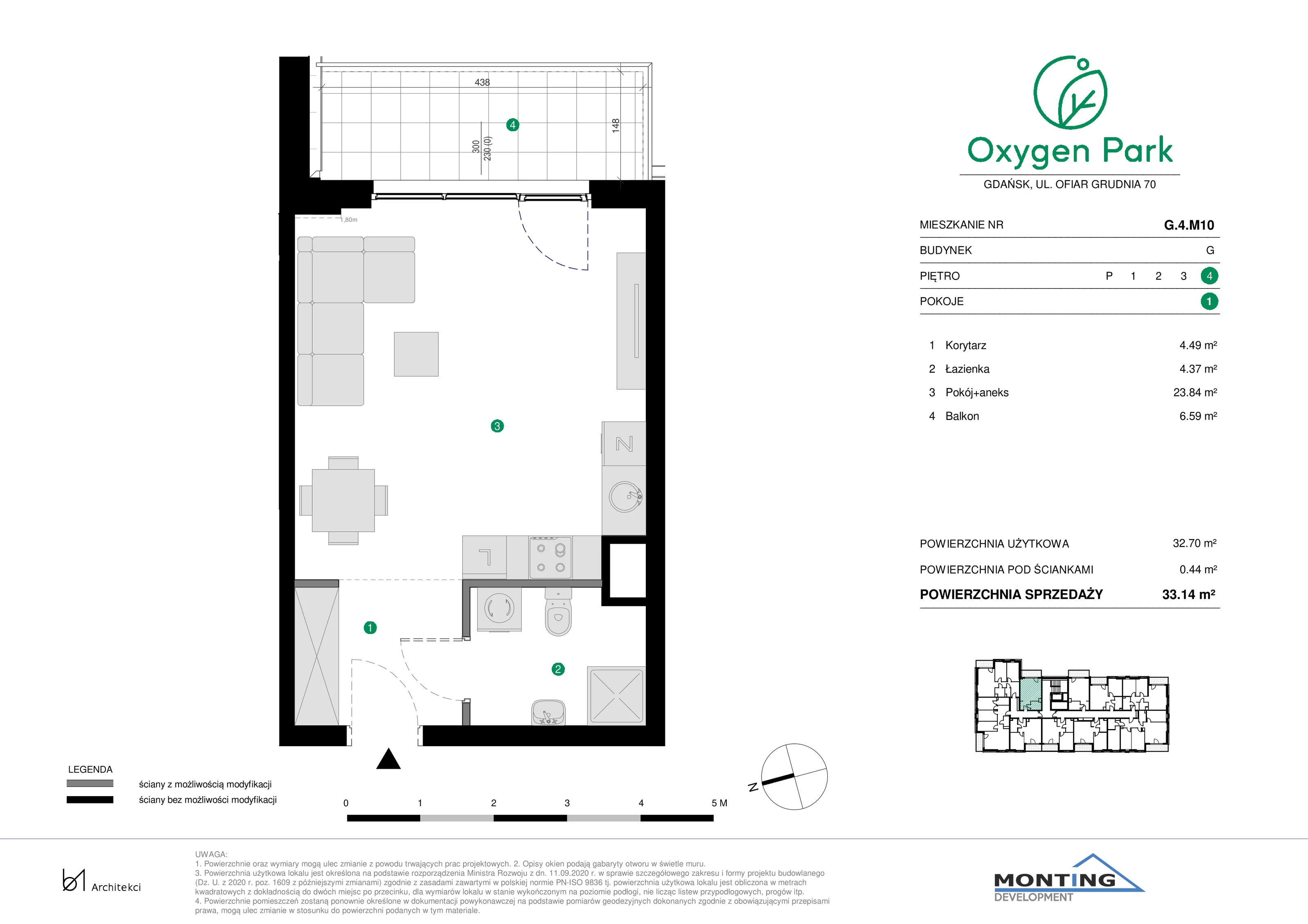 1 pokój, mieszkanie 33,14 m², piętro 4, oferta nr G.4.M10, Oxygen Park, Gdańsk, Orunia Górna-Gdańsk Południe, ul. Erwiny Barzychowskiej