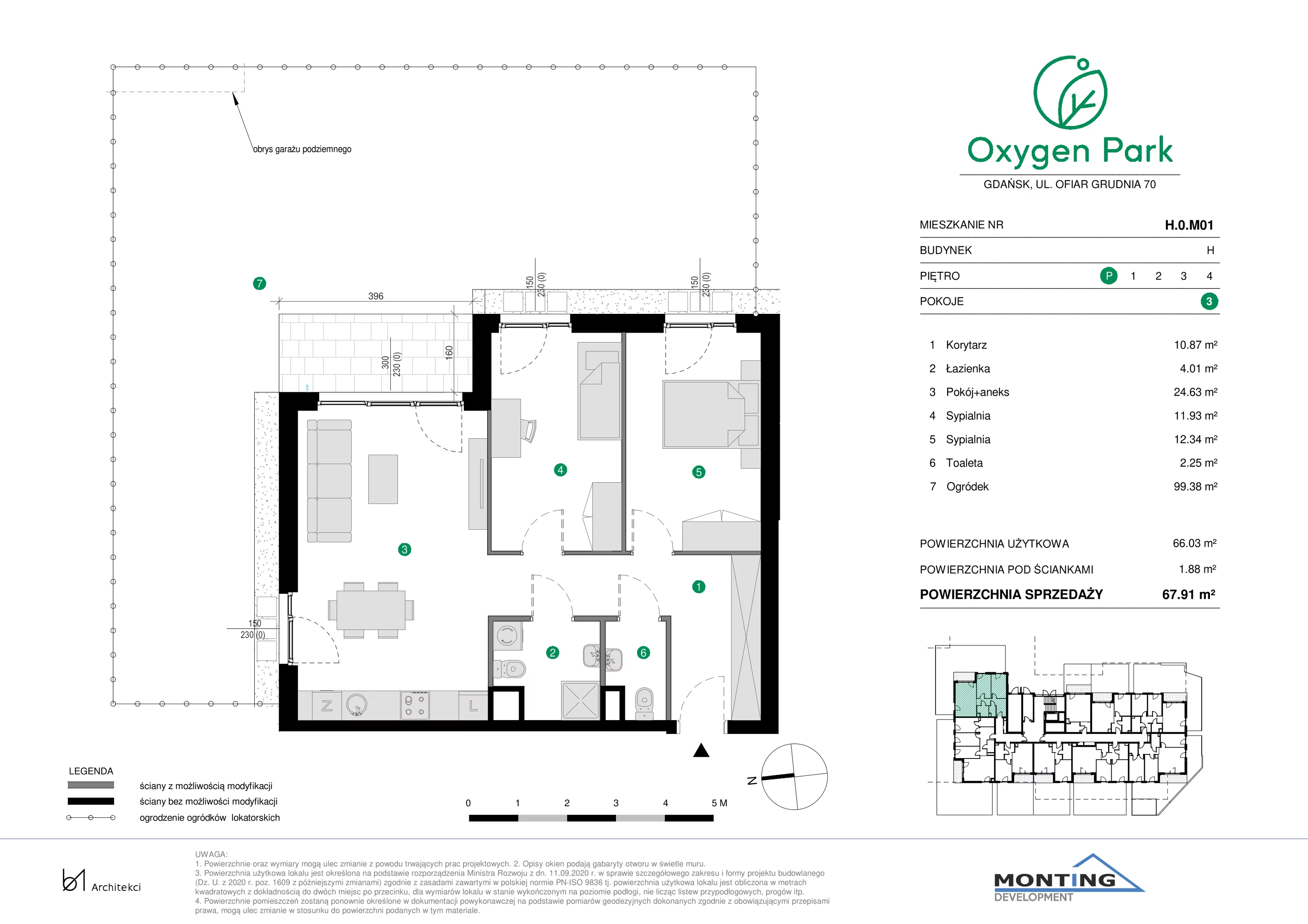 3 pokoje, mieszkanie 67,91 m², parter, oferta nr H.0.M01, Oxygen Park, Gdańsk, Orunia Górna-Gdańsk Południe, ul. Erwiny Barzychowskiej