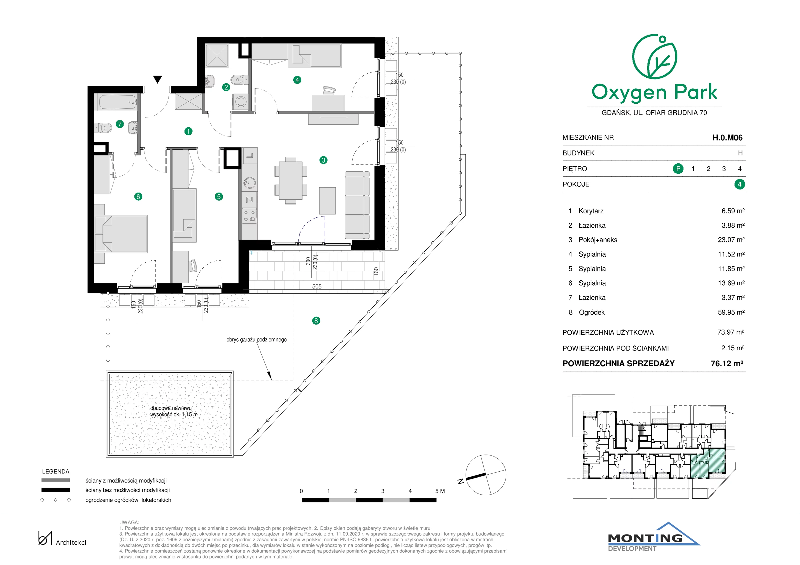 4 pokoje, mieszkanie 76,12 m², parter, oferta nr H.0.M06, Oxygen Park, Gdańsk, Orunia Górna-Gdańsk Południe, ul. Erwiny Barzychowskiej