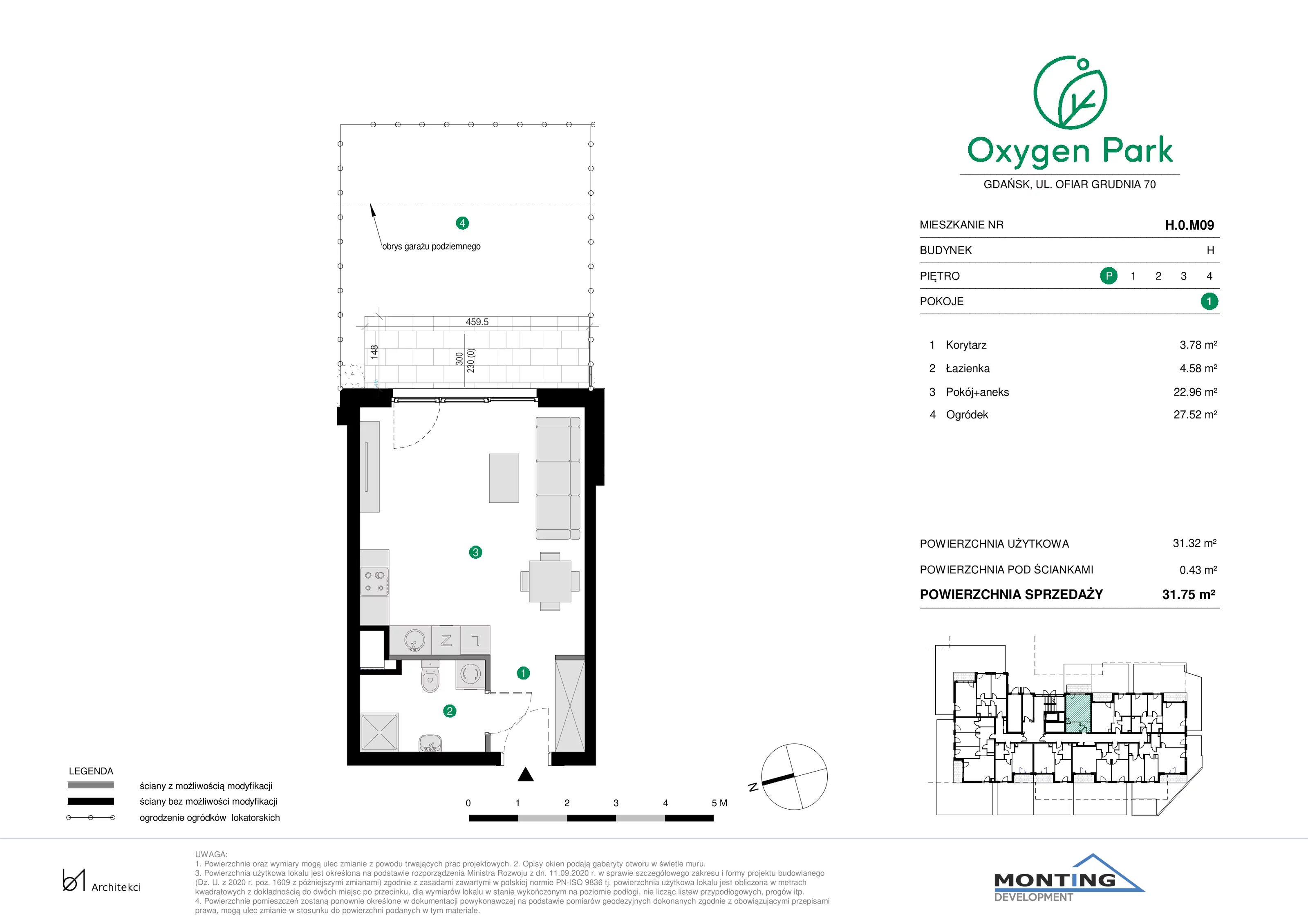 1 pokój, mieszkanie 31,75 m², parter, oferta nr H.0.M09, Oxygen Park, Gdańsk, Orunia Górna-Gdańsk Południe, ul. Erwiny Barzychowskiej
