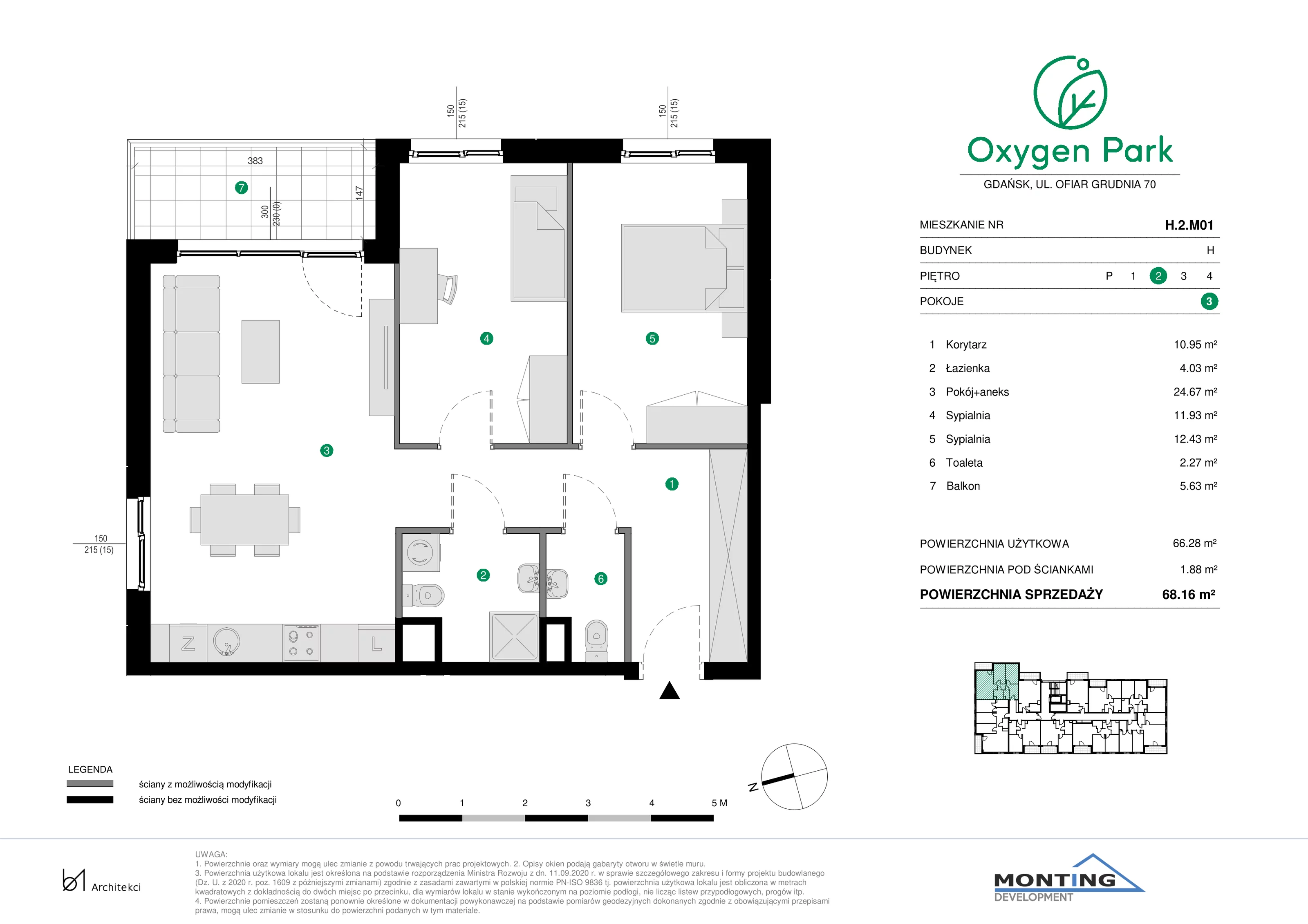 3 pokoje, mieszkanie 68,16 m², piętro 2, oferta nr H.2.M01, Oxygen Park, Gdańsk, Orunia Górna-Gdańsk Południe, ul. Erwiny Barzychowskiej