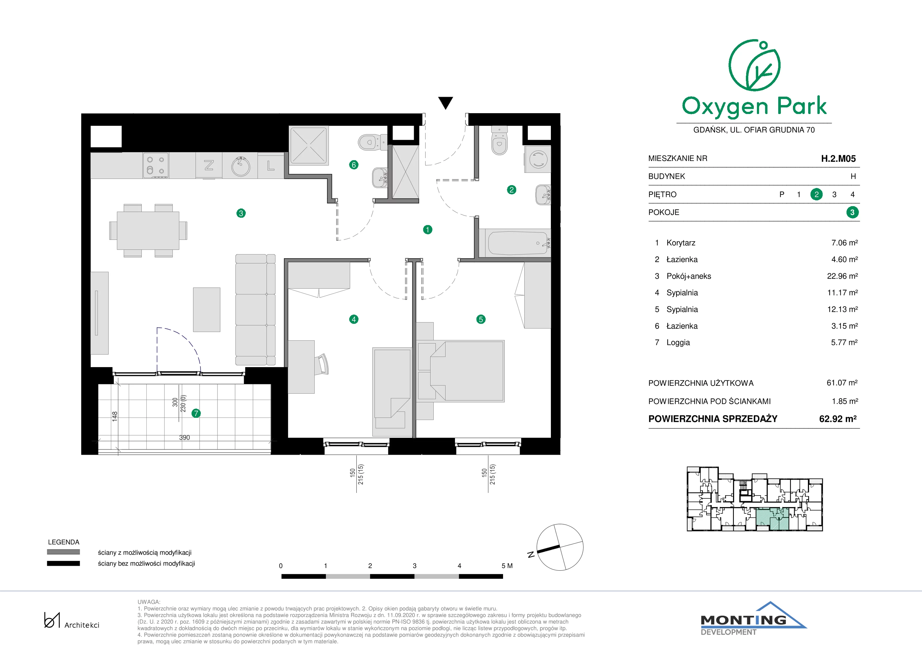 3 pokoje, mieszkanie 62,92 m², piętro 2, oferta nr H.2.M05, Oxygen Park, Gdańsk, Orunia Górna-Gdańsk Południe, ul. Erwiny Barzychowskiej
