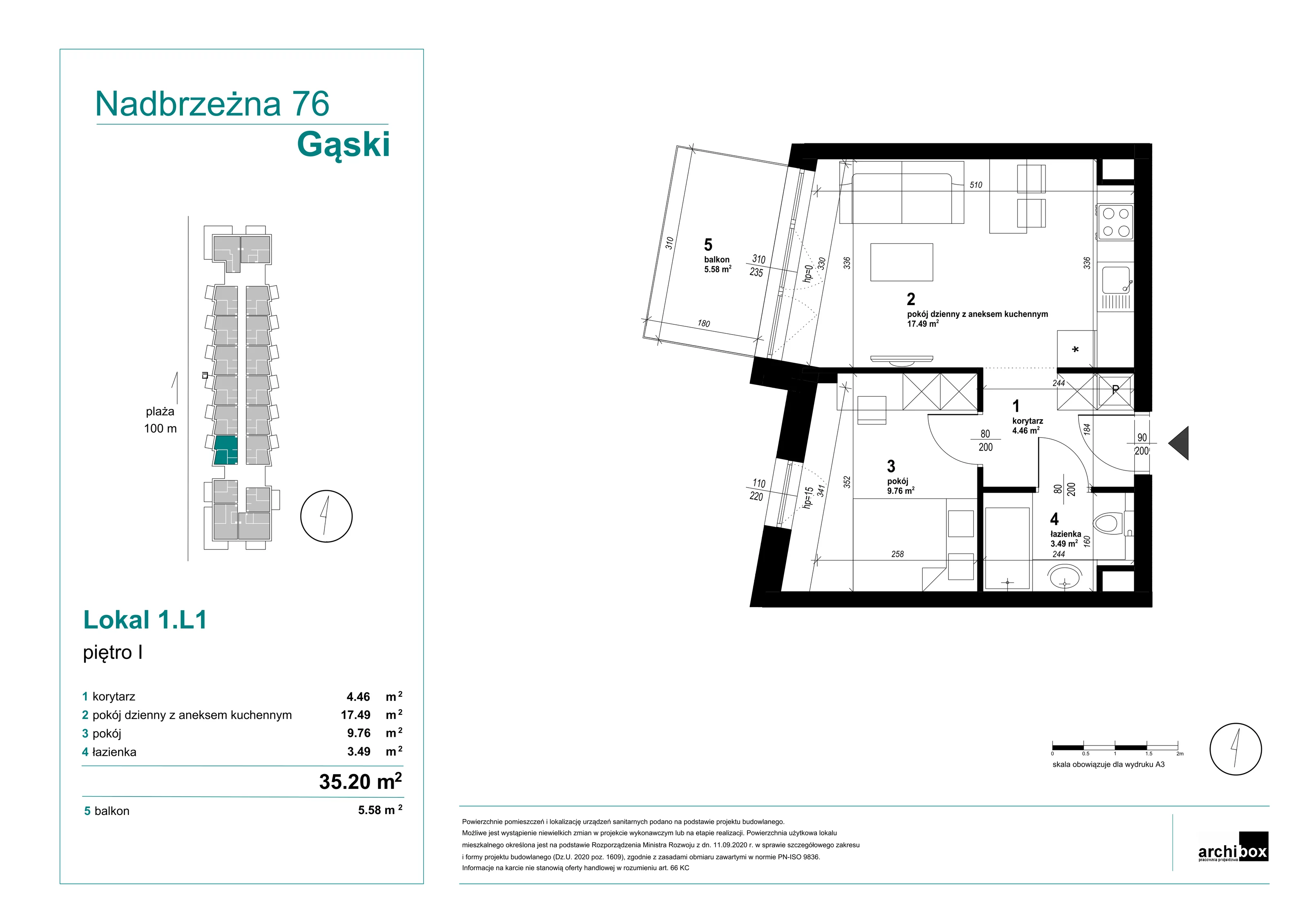 Mieszkanie 35,17 m², piętro 1, oferta nr 1.1., Goose Bay, Gąski, ul. Nadbrzeżna 76