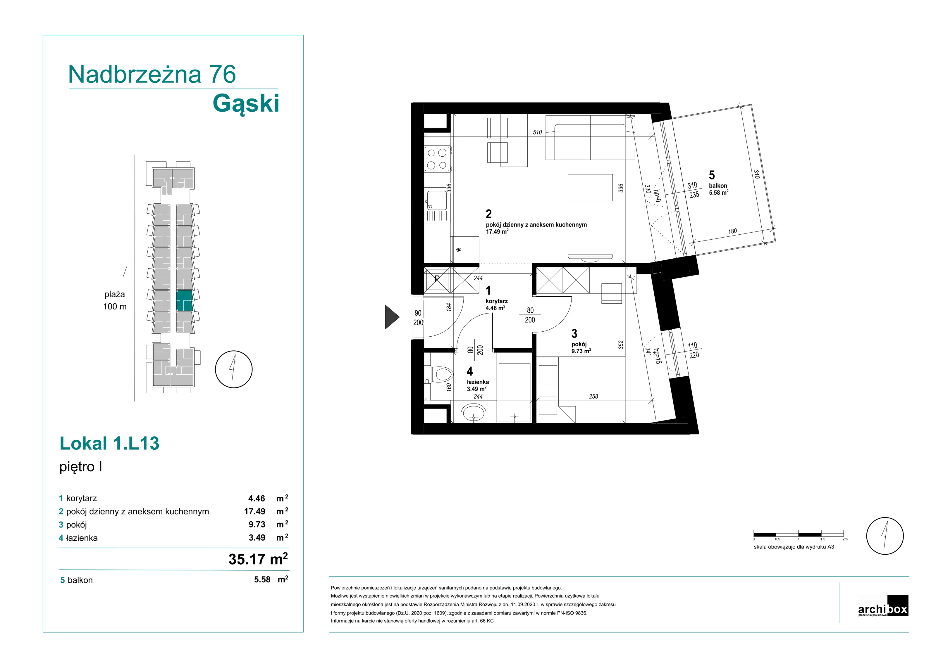 Mieszkanie 35,17 m², piętro 1, oferta nr 1.13., Goose Bay, Gąski, ul. Nadbrzeżna 76