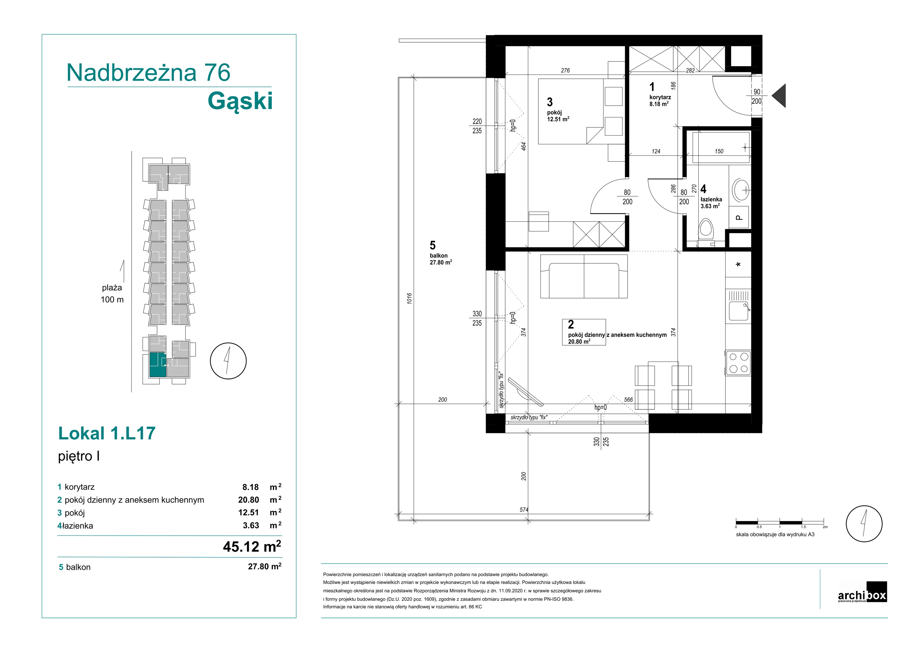 Mieszkanie 45,12 m², piętro 1, oferta nr 1.17., Goose Bay, Gąski, ul. Nadbrzeżna 76