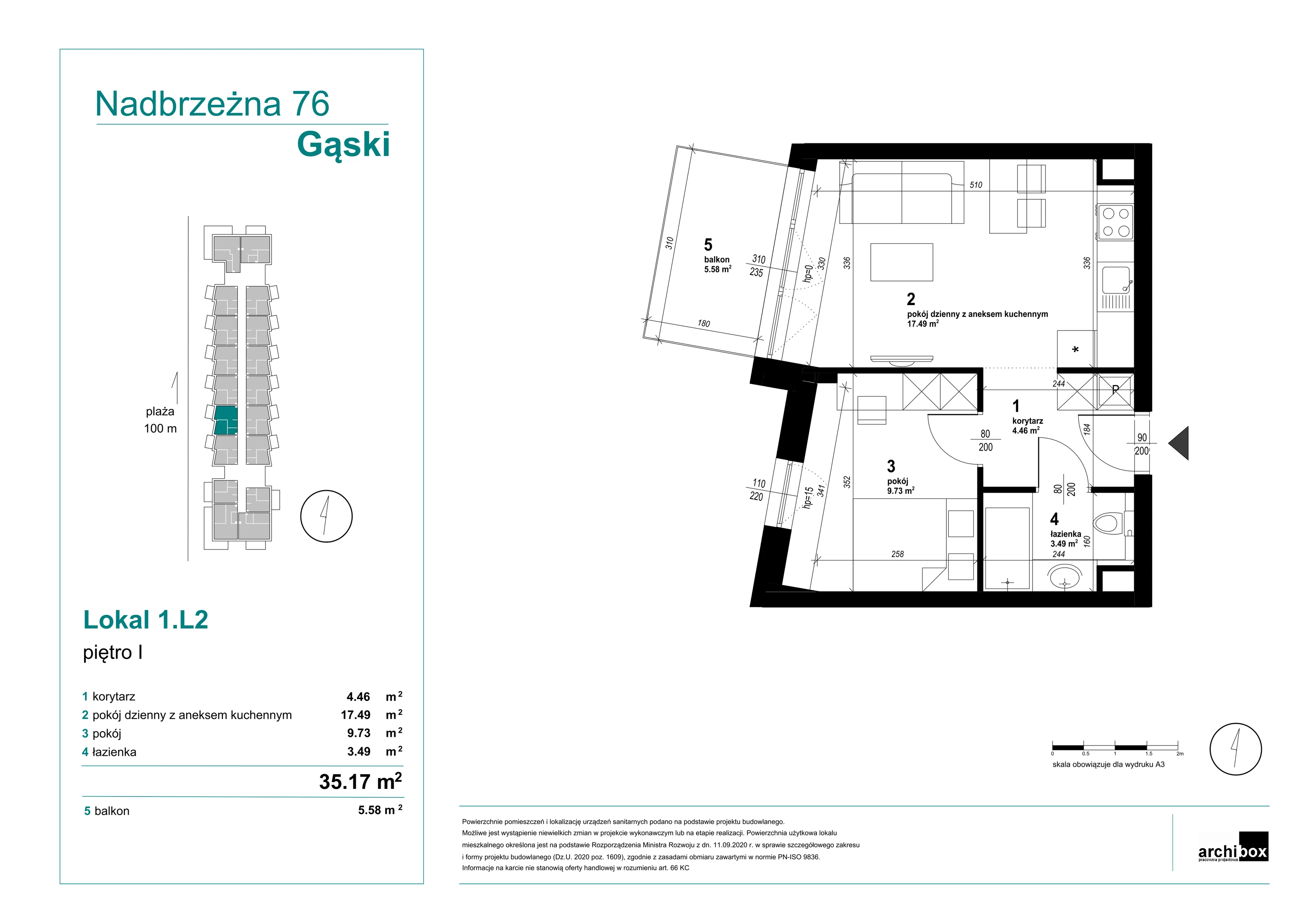 Mieszkanie 35,17 m², piętro 1, oferta nr 1.2., Goose Bay, Gąski, ul. Nadbrzeżna 76