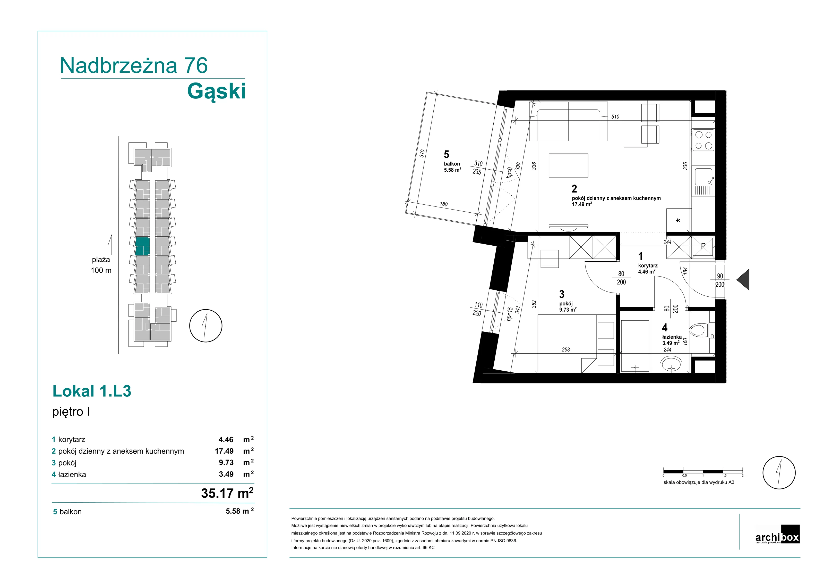 Mieszkanie 35,17 m², piętro 1, oferta nr 1.3., Goose Bay, Gąski, ul. Nadbrzeżna 76