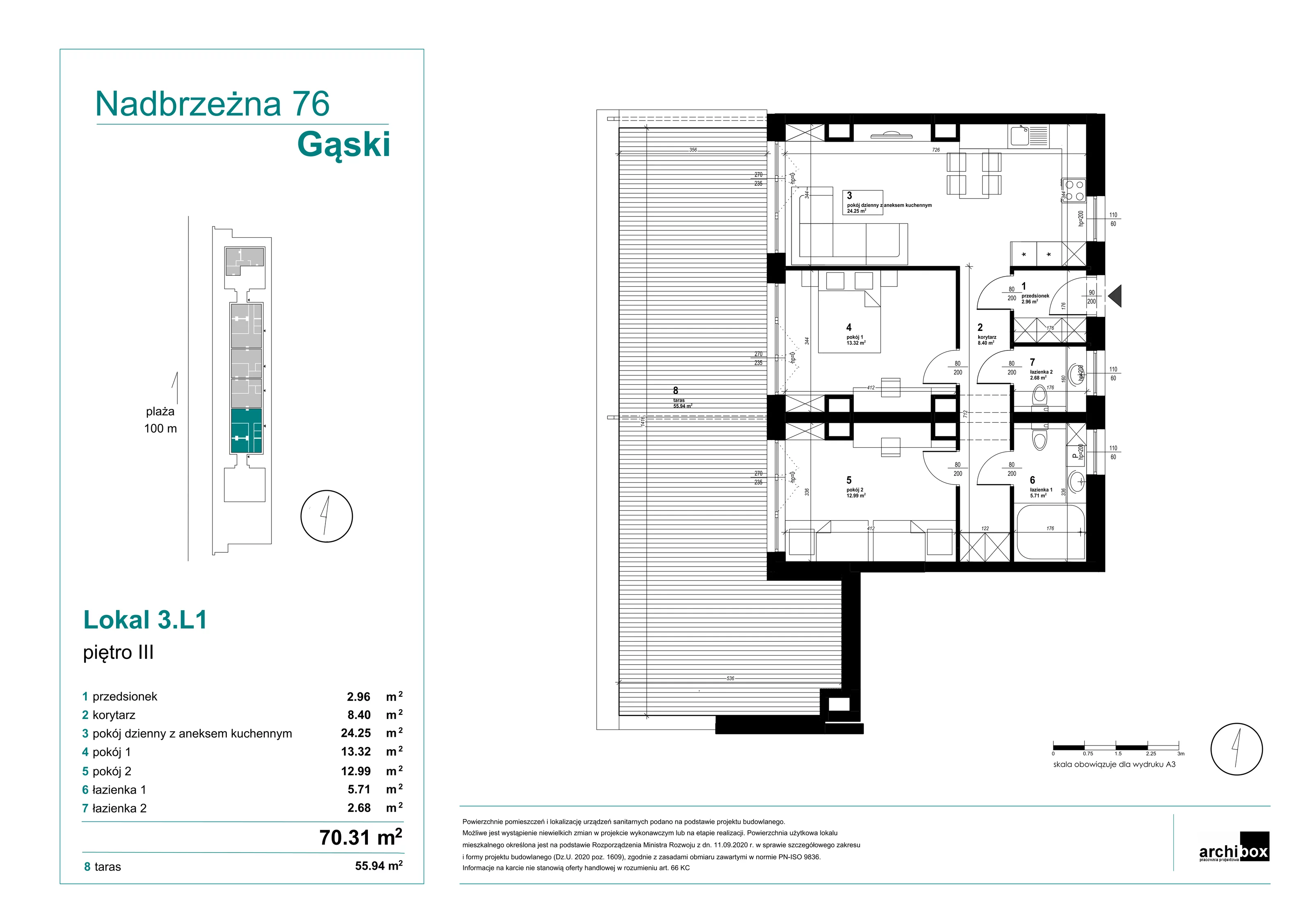 Mieszkanie 69,76 m², piętro 3, oferta nr 3.1., Goose Bay, Gąski, ul. Nadbrzeżna 76