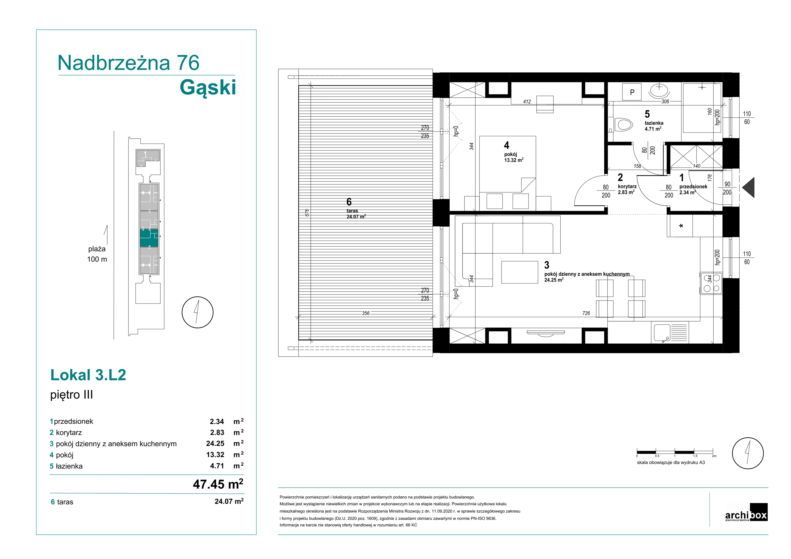 Mieszkanie 47,45 m², piętro 3, oferta nr 3.2., Goose Bay, Gąski, ul. Nadbrzeżna 76