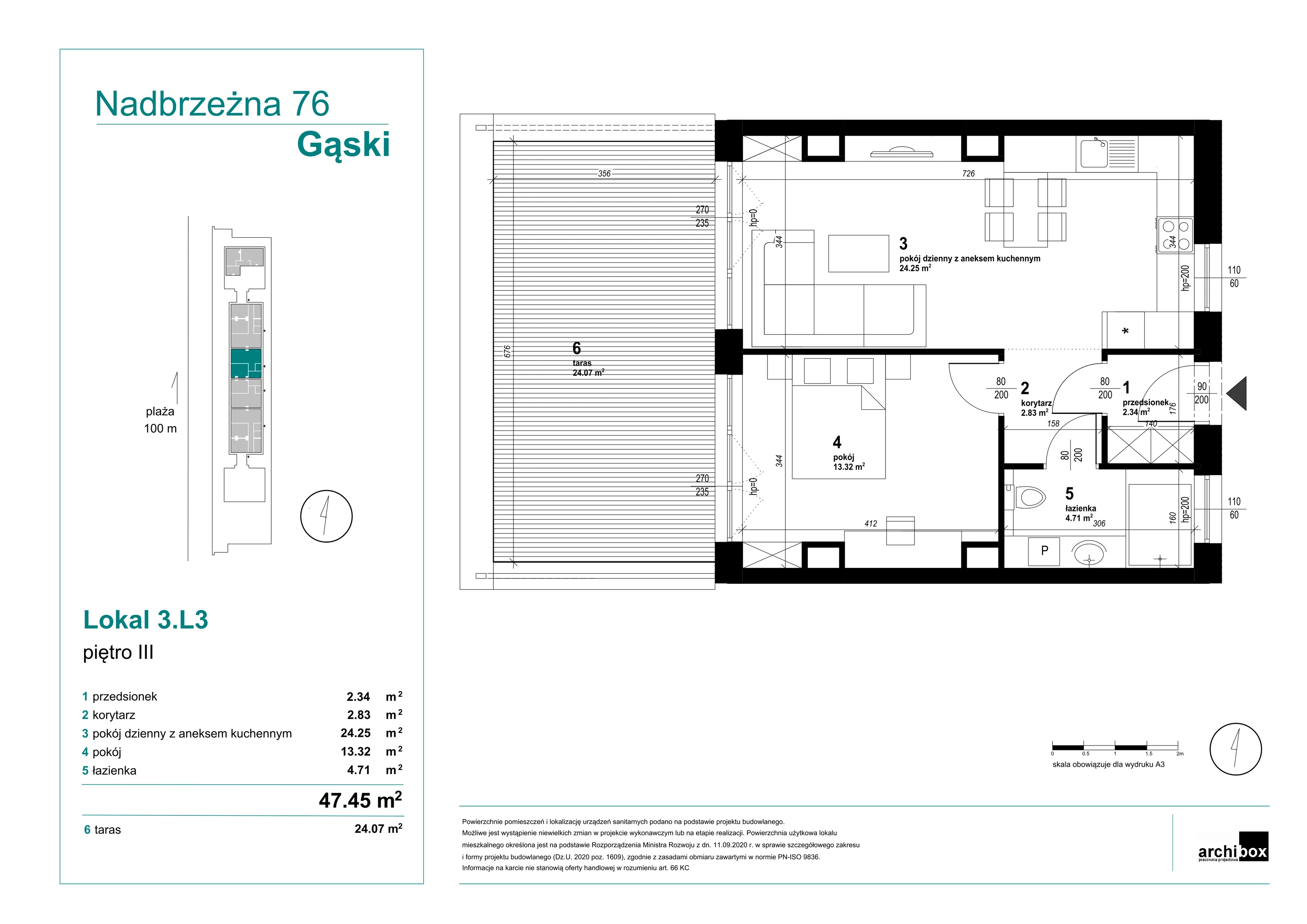 Mieszkanie 47,45 m², piętro 3, oferta nr 3.3., Goose Bay, Gąski, ul. Nadbrzeżna 76