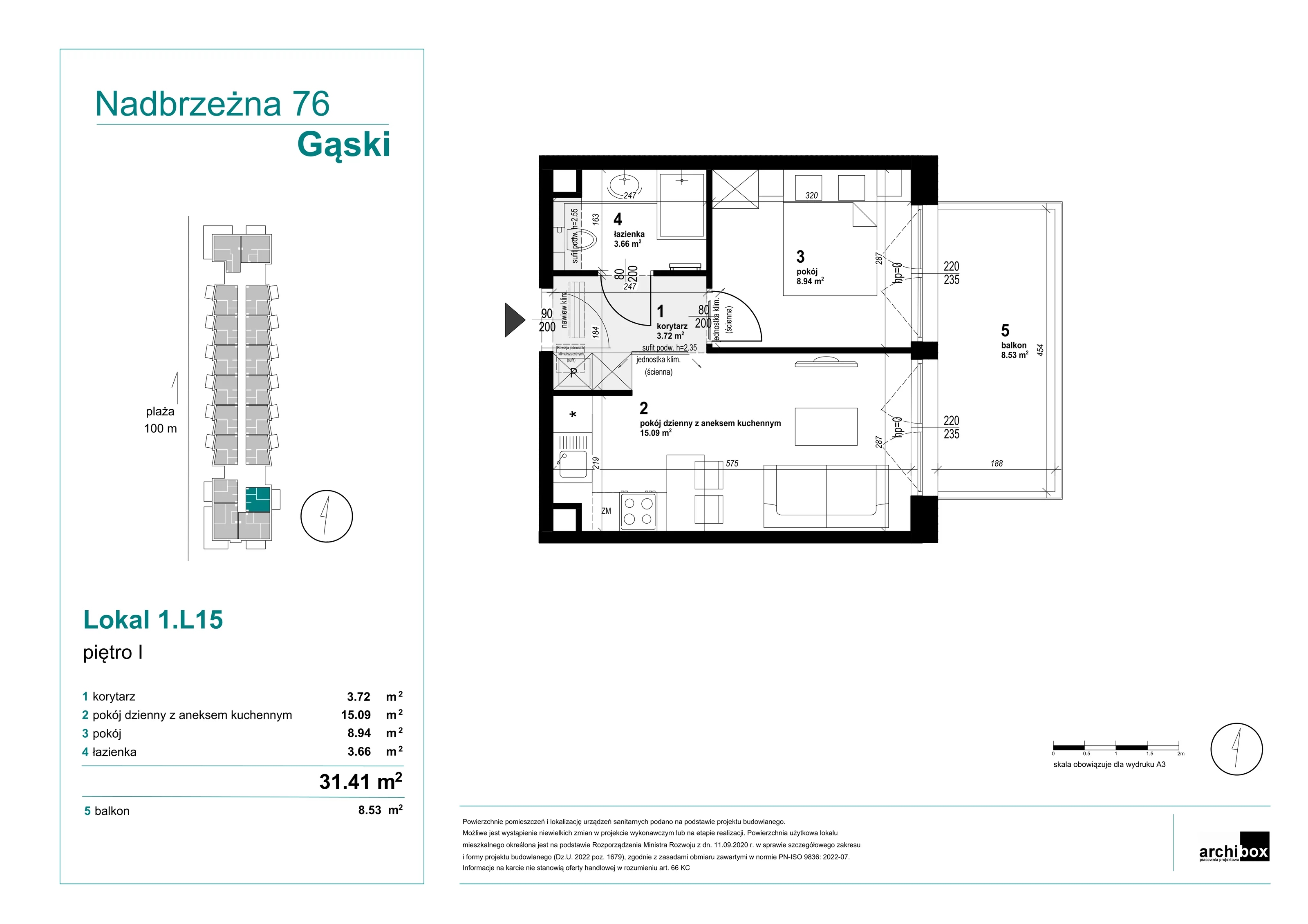 2 pokoje, mieszkanie 31,41 m², parter, oferta nr 1.L15, Goose Bay, Gąski, ul. Nadbrzeżna 76