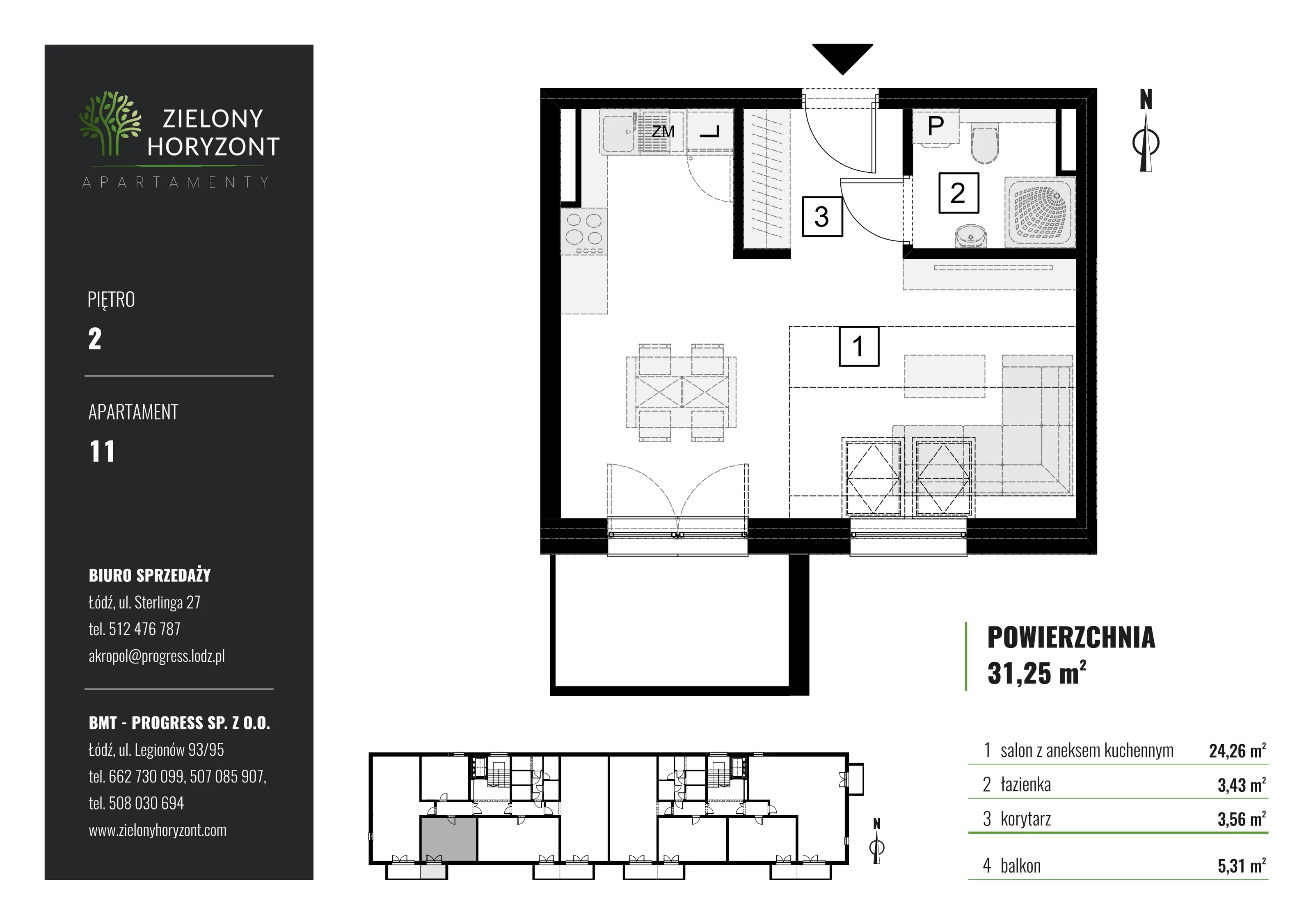 1 pokój, mieszkanie 31,25 m², piętro 2, oferta nr 1_11, Zielony Horyzont Apartamenty, Łódź, Widzew, Stoki, ul. Jędrowizna