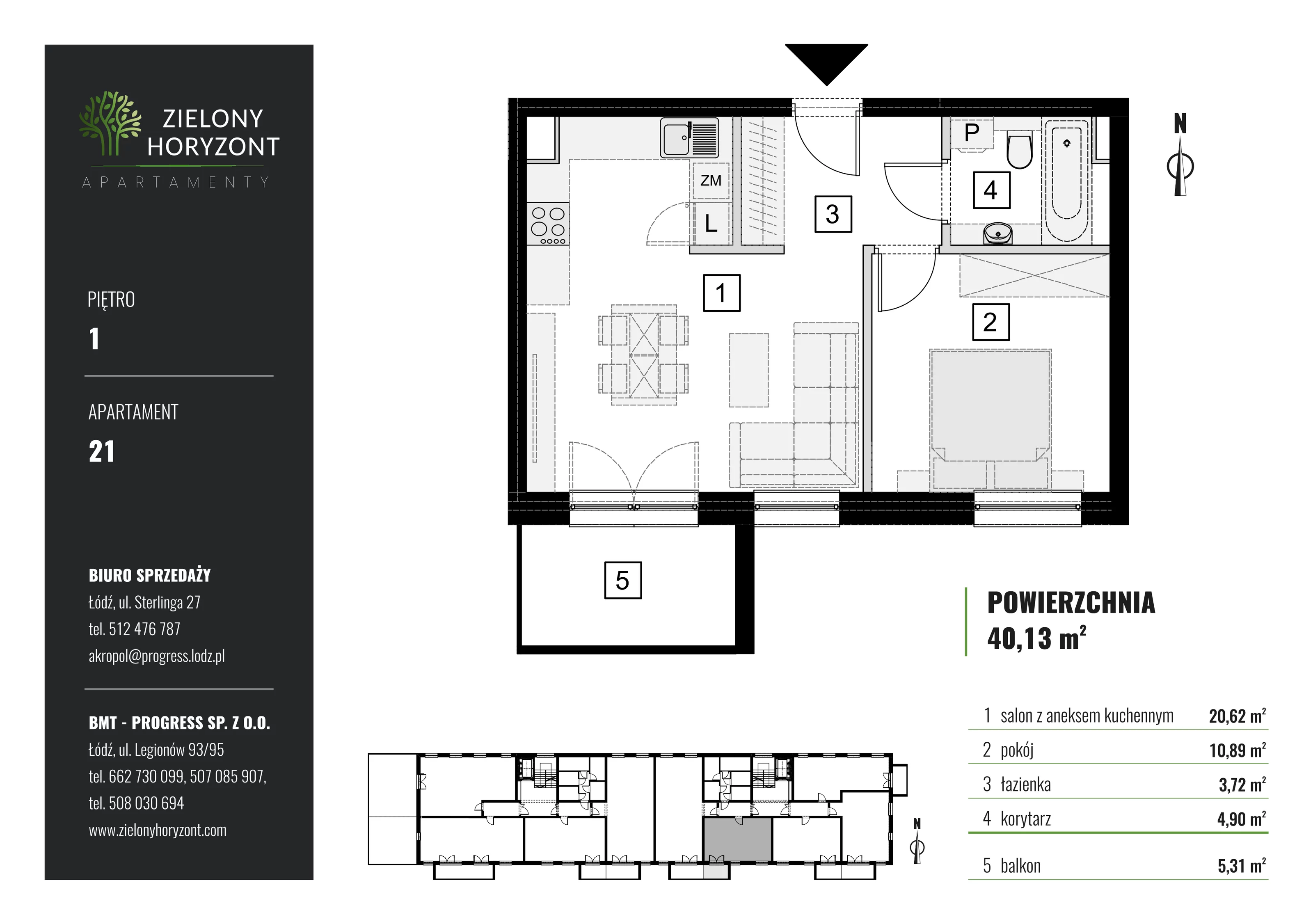 Mieszkanie 40,13 m², piętro 1, oferta nr 1_M_21, Zielony Horyzont Apartamenty, Łódź, Widzew, ul. Jędrowizna