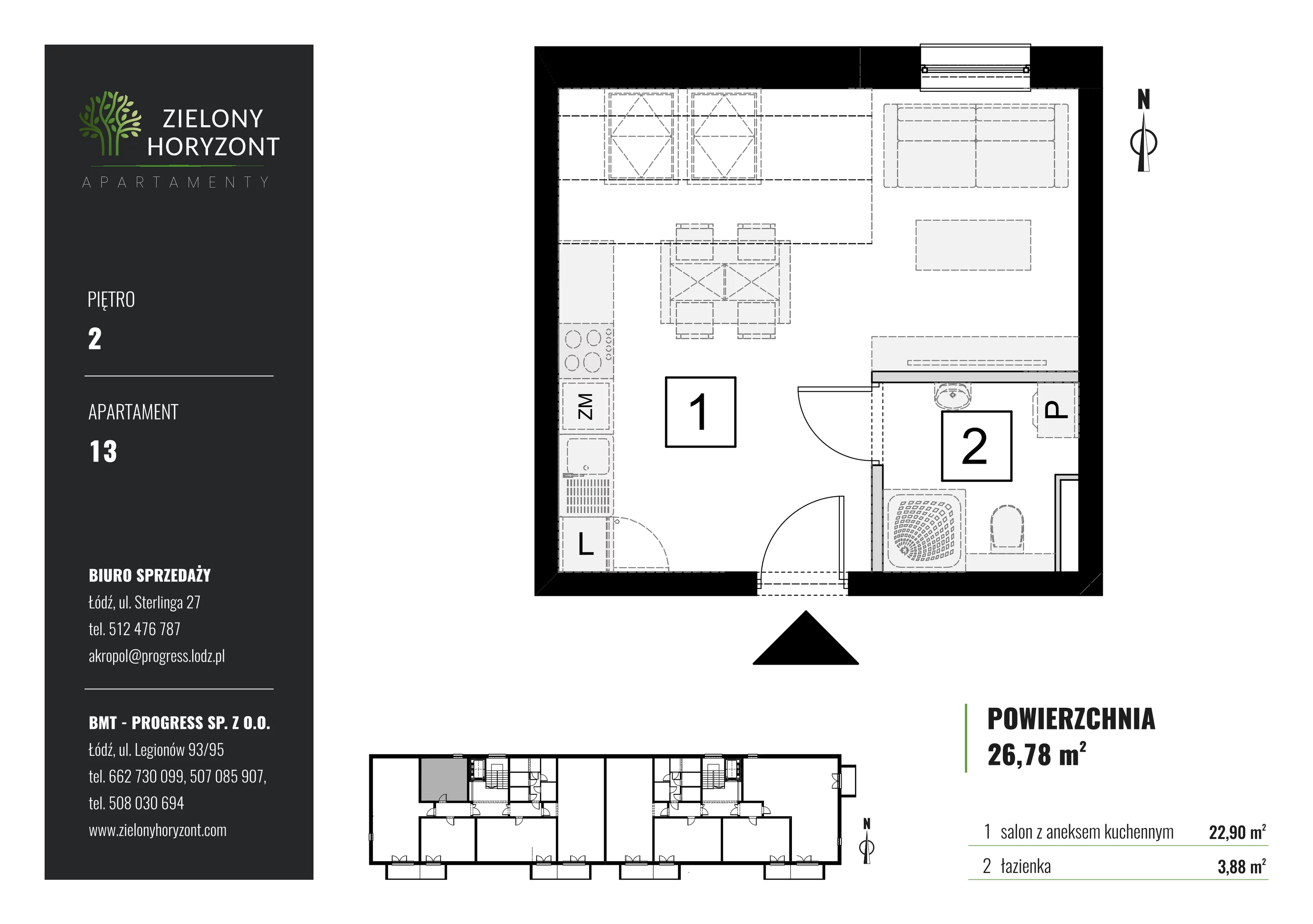 Mieszkanie 26,78 m², piętro 2, oferta nr M_13, Zielony Horyzont Apartamenty, Łódź, Widzew, ul. Jędrowizna