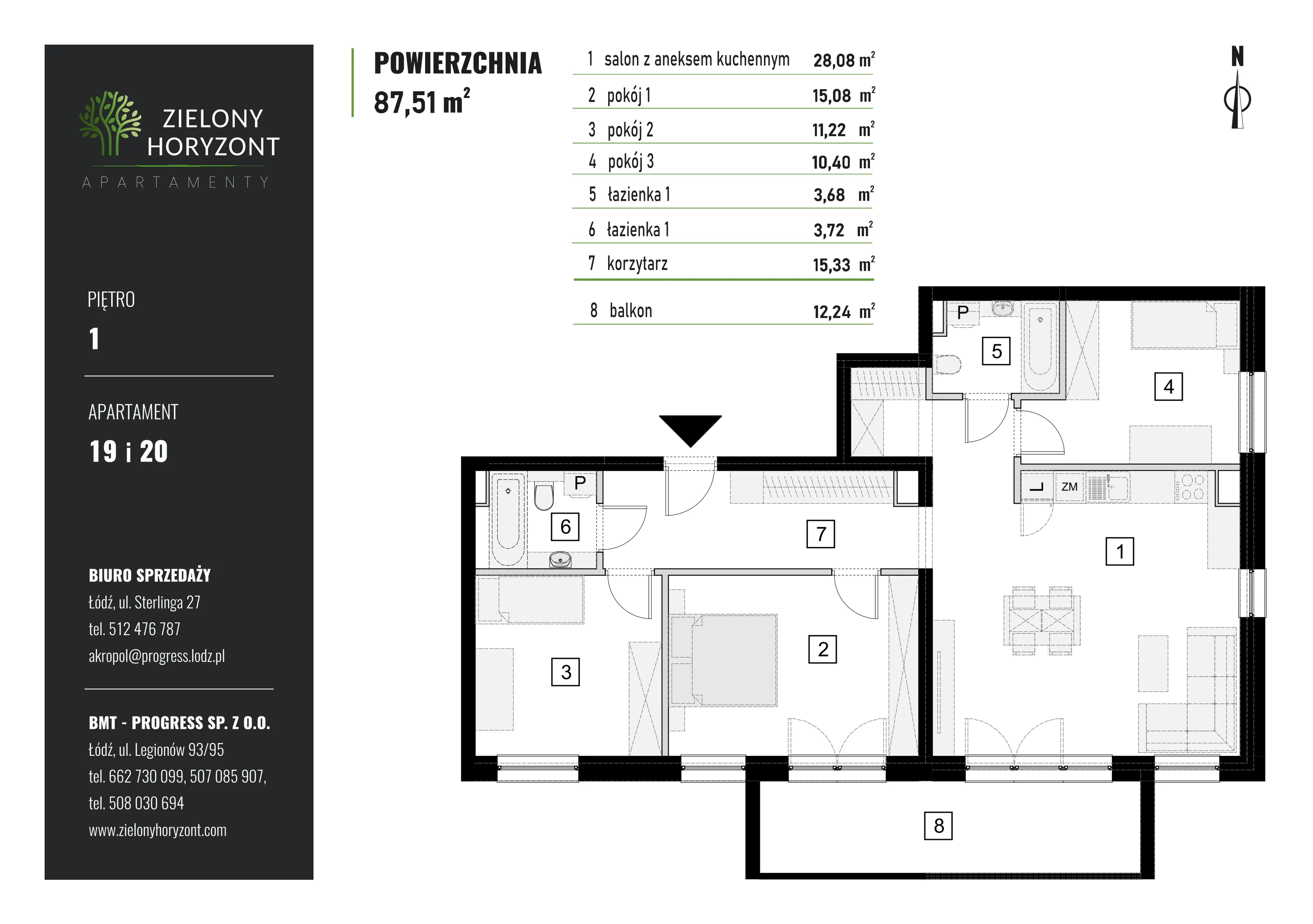 4 pokoje, mieszkanie 87,51 m², piętro 1, oferta nr M_19_M_20, Zielony Horyzont Apartamenty, Łódź, Widzew, Stoki, ul. Jędrowizna