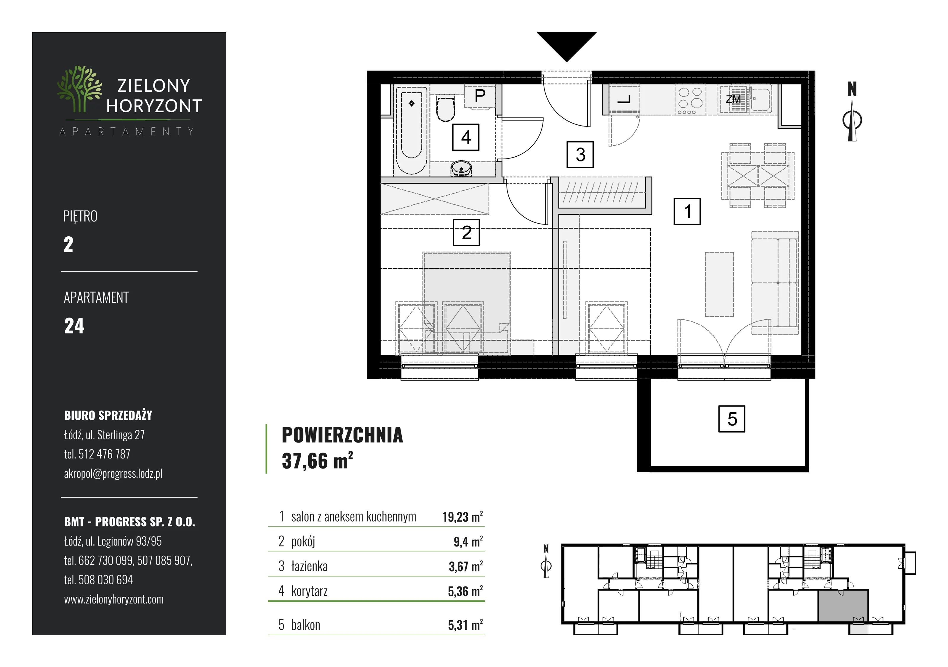 Mieszkanie 37,66 m², piętro 2, oferta nr M_24, Zielony Horyzont Apartamenty, Łódź, Widzew, ul. Jędrowizna