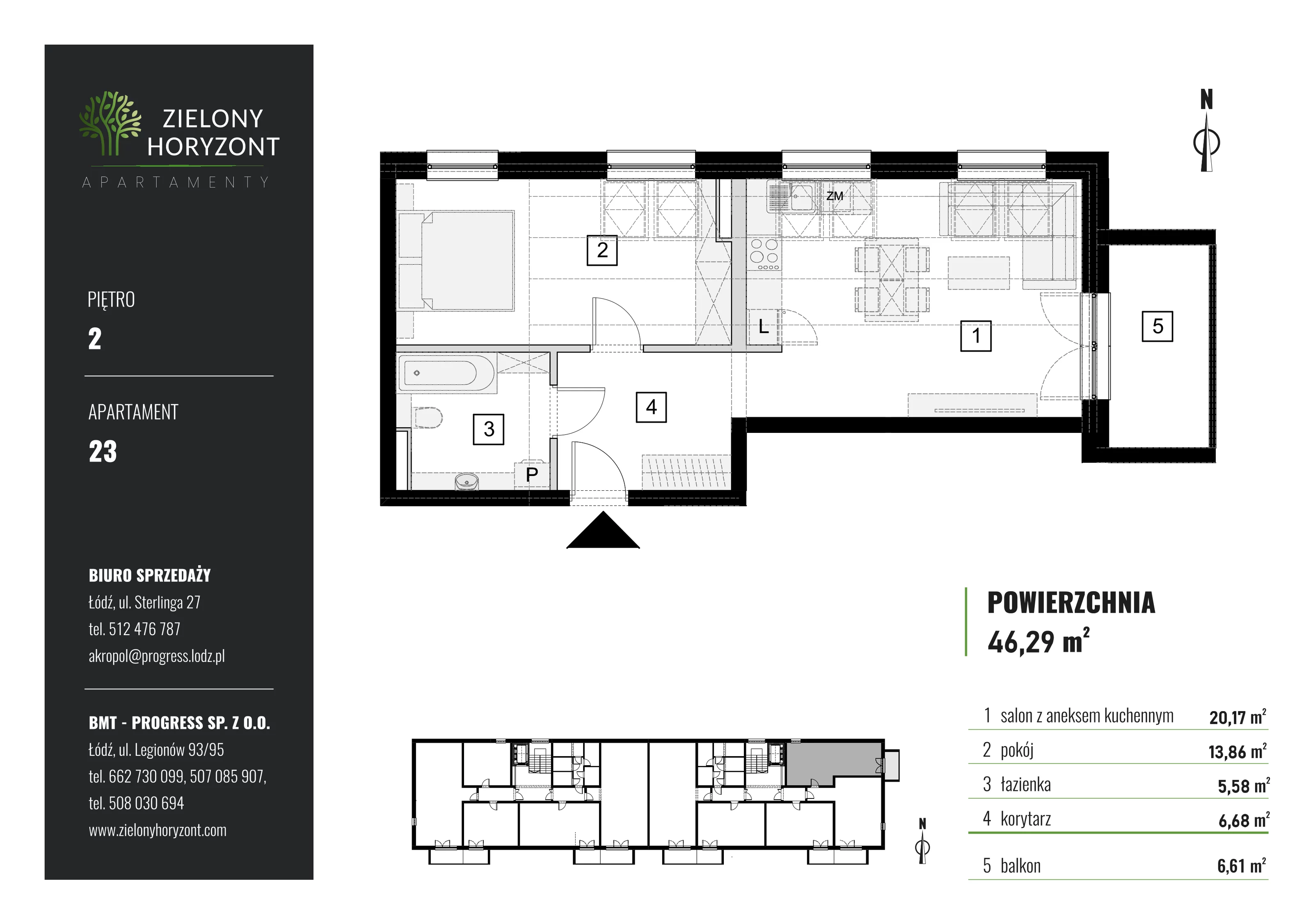 2 pokoje, mieszkanie 46,29 m², piętro 2, oferta nr 2_23, Zielony Horyzont Apartamenty, Łódź, Widzew, Stoki, ul. Jędrowizna