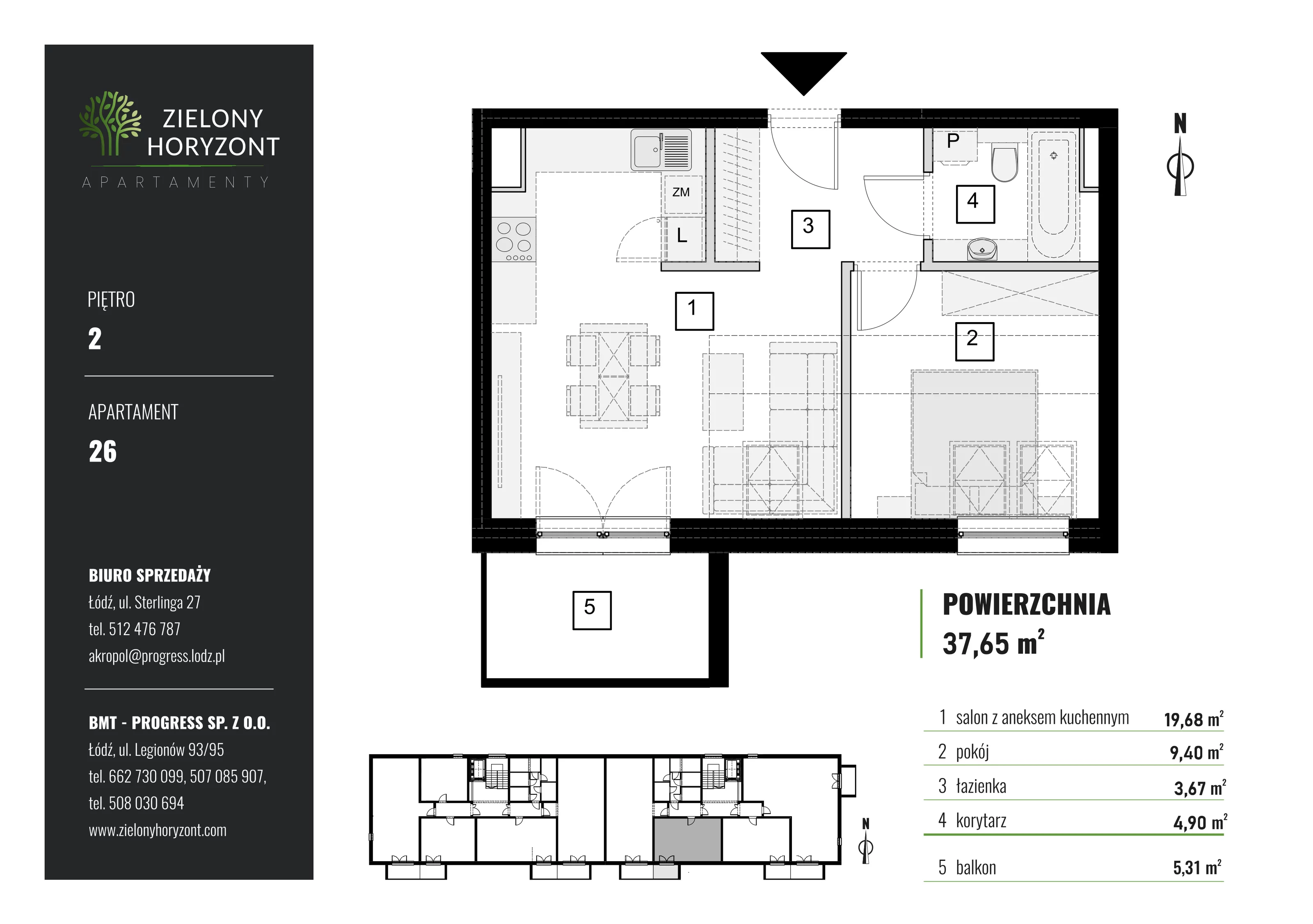 2 pokoje, mieszkanie 37,65 m², piętro 2, oferta nr 2_26, Zielony Horyzont Apartamenty, Łódź, Widzew, Stoki, ul. Jędrowizna