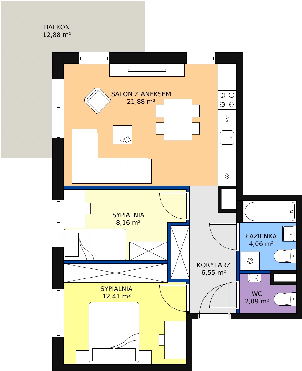 Zalety mieszkania 56.5 m², B2/A304