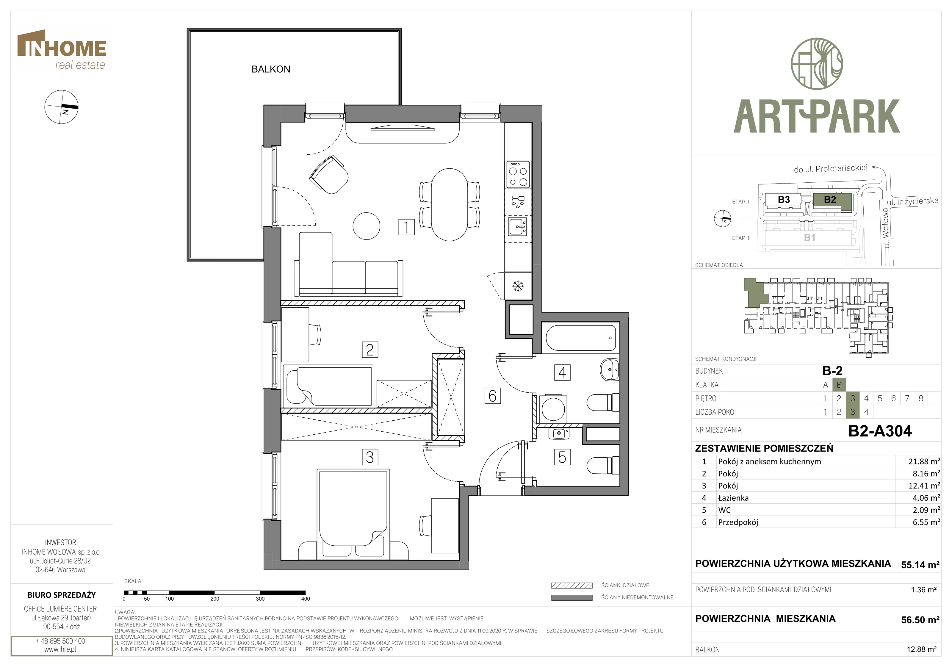 Mieszkanie 56,50 m², piętro 3, oferta nr B2/A304, ArtPark, Łódź, Polesie, ul. Wołowa