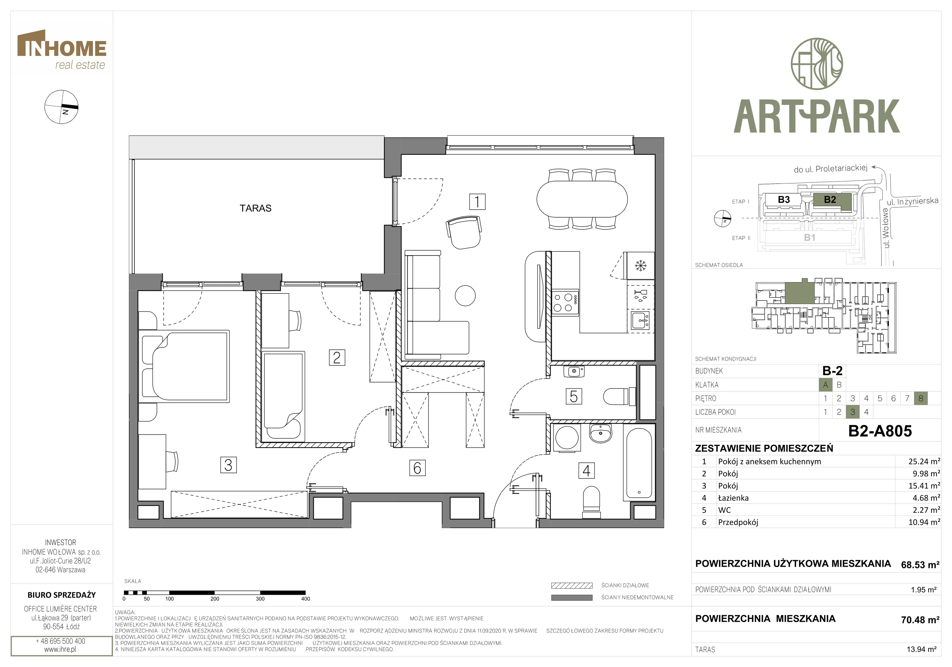 Mieszkanie 70,48 m², piętro 8, oferta nr B2/A805, ArtPark, Łódź, Polesie, ul. Wołowa