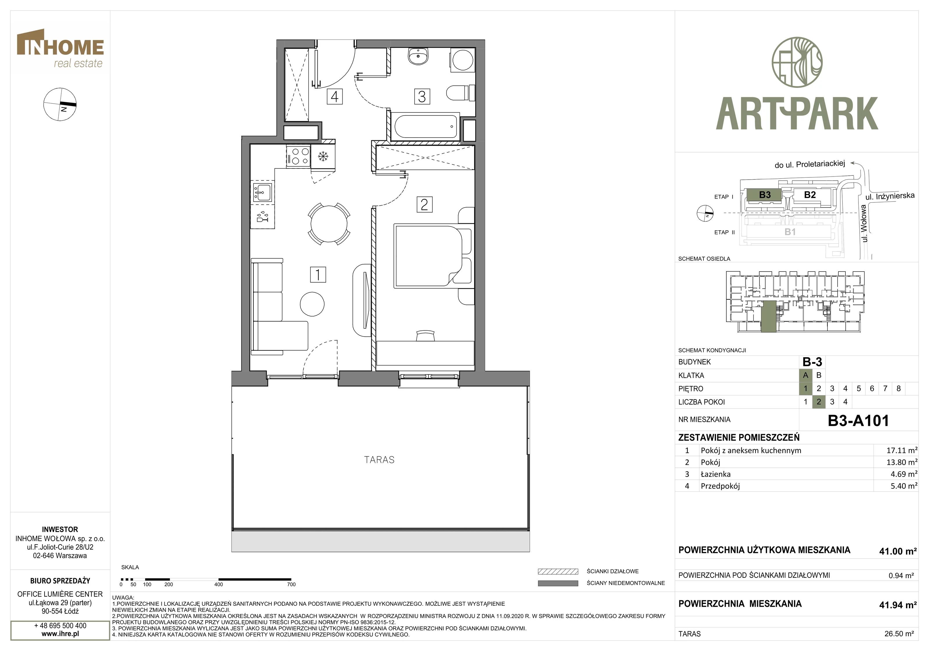 Mieszkanie 41,94 m², piętro 1, oferta nr B3/A101, ArtPark, Łódź, Polesie, ul. Wołowa