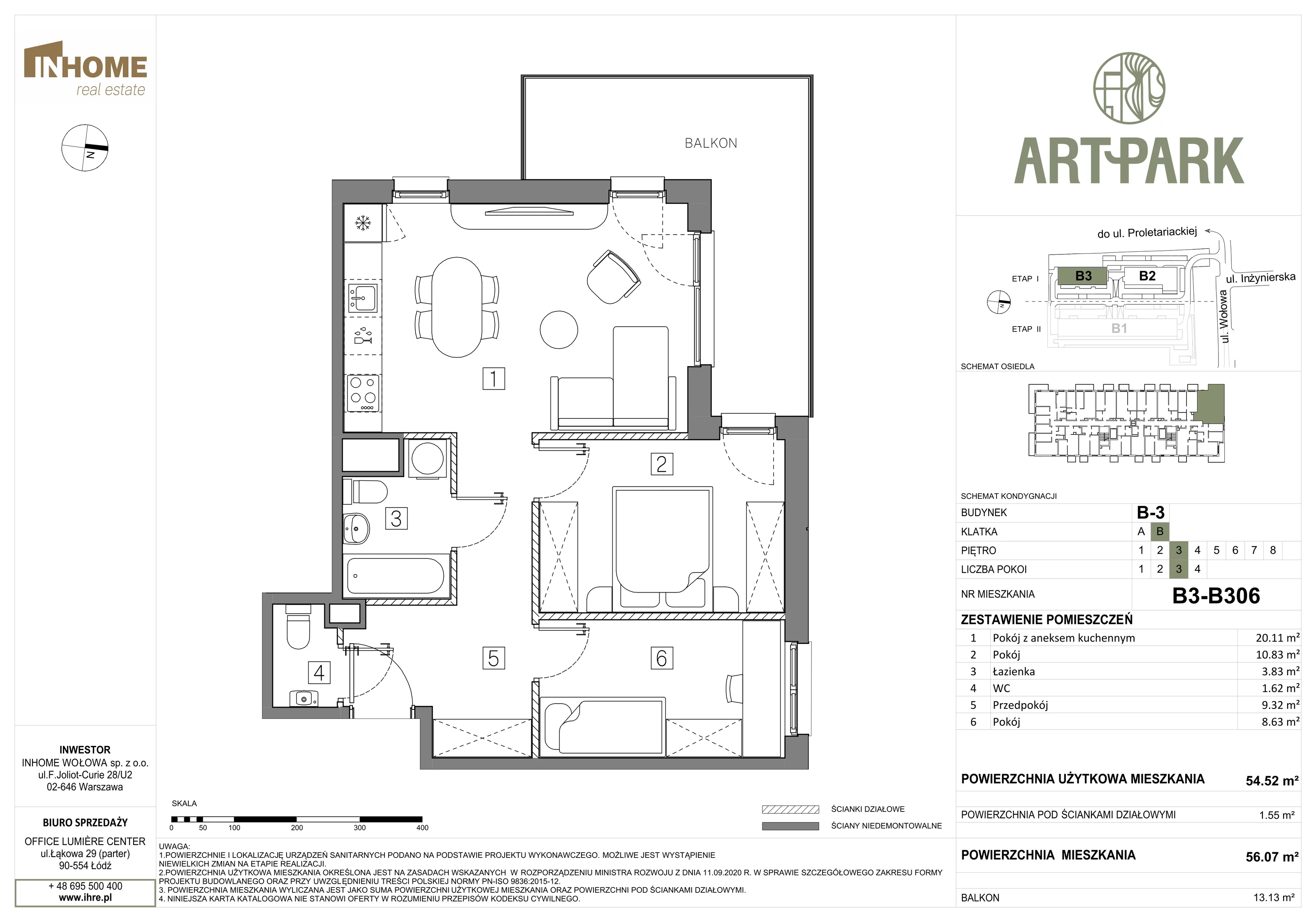 Mieszkanie 56,07 m², piętro 3, oferta nr B3/B306, ArtPark, Łódź, Polesie, ul. Wołowa