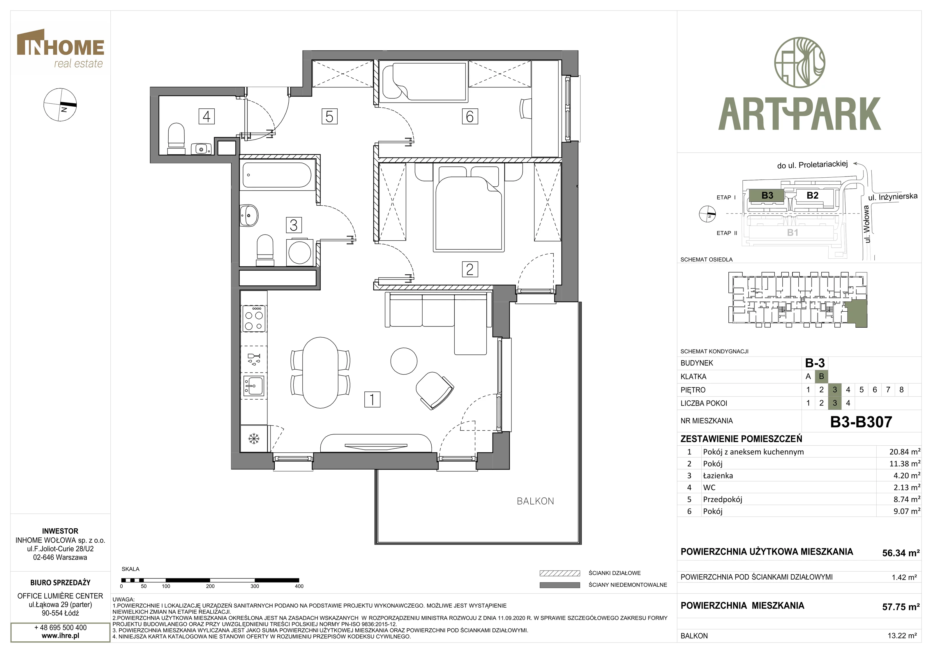 Mieszkanie 57,75 m², piętro 3, oferta nr B3/B307, ArtPark, Łódź, Polesie, ul. Wołowa