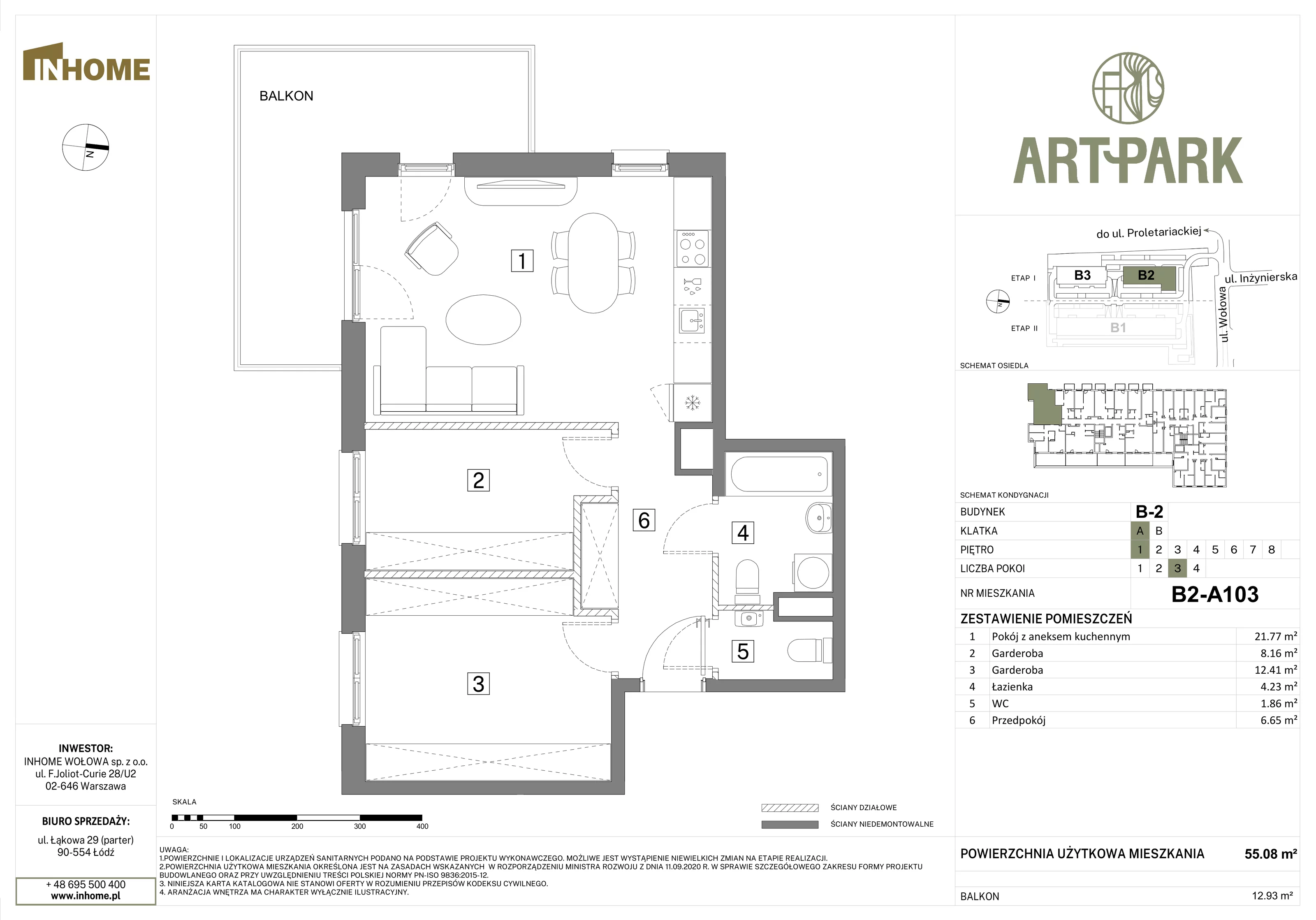 3 pokoje, mieszkanie 55,14 m², piętro 1, oferta nr B2/A103, Osiedle ArtPark, Łódź, Polesie, ul. Wołowa 4a