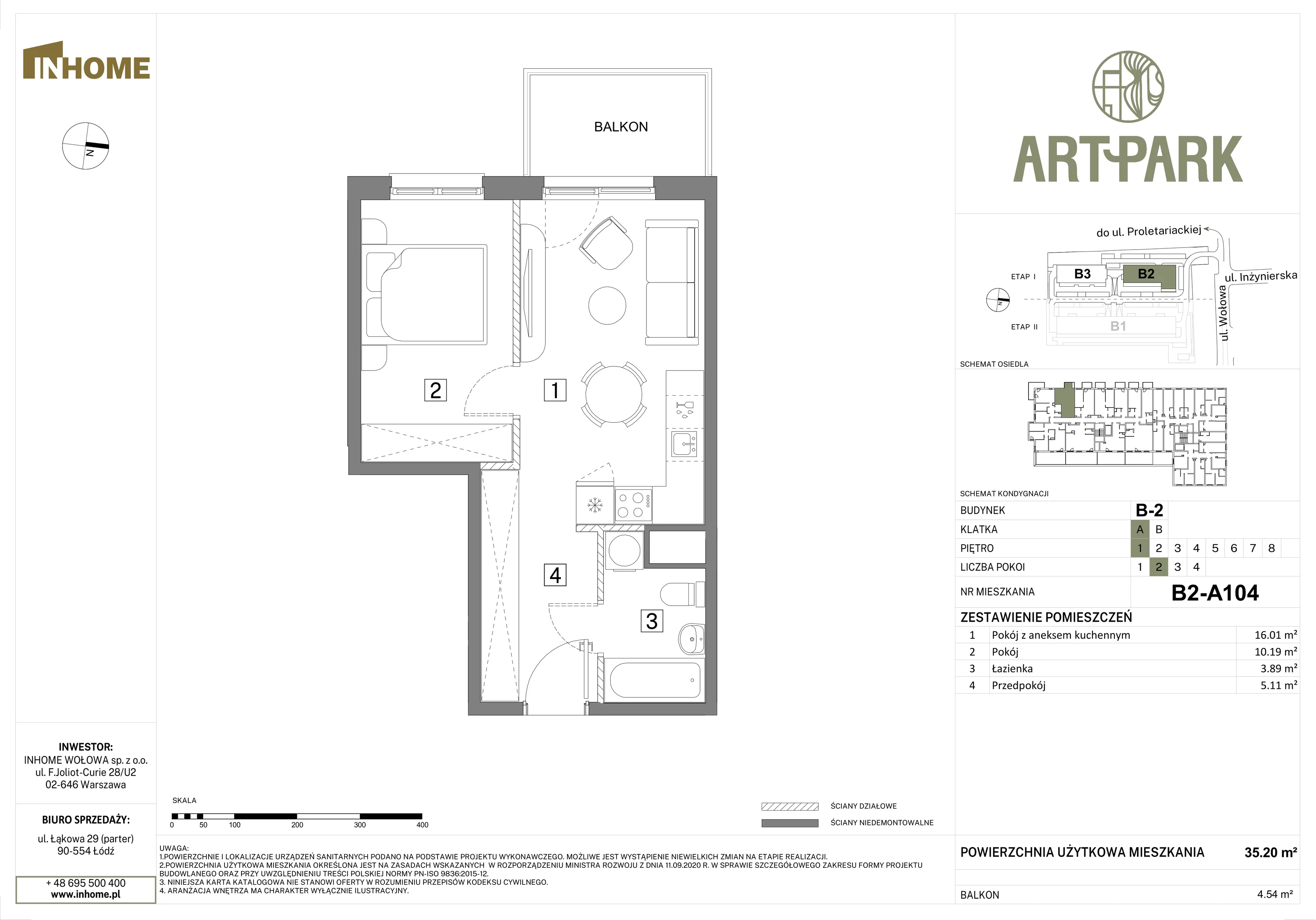 2 pokoje, mieszkanie 35,22 m², piętro 1, oferta nr B2/A104, Osiedle ArtPark, Łódź, Polesie, ul. Wołowa 4a