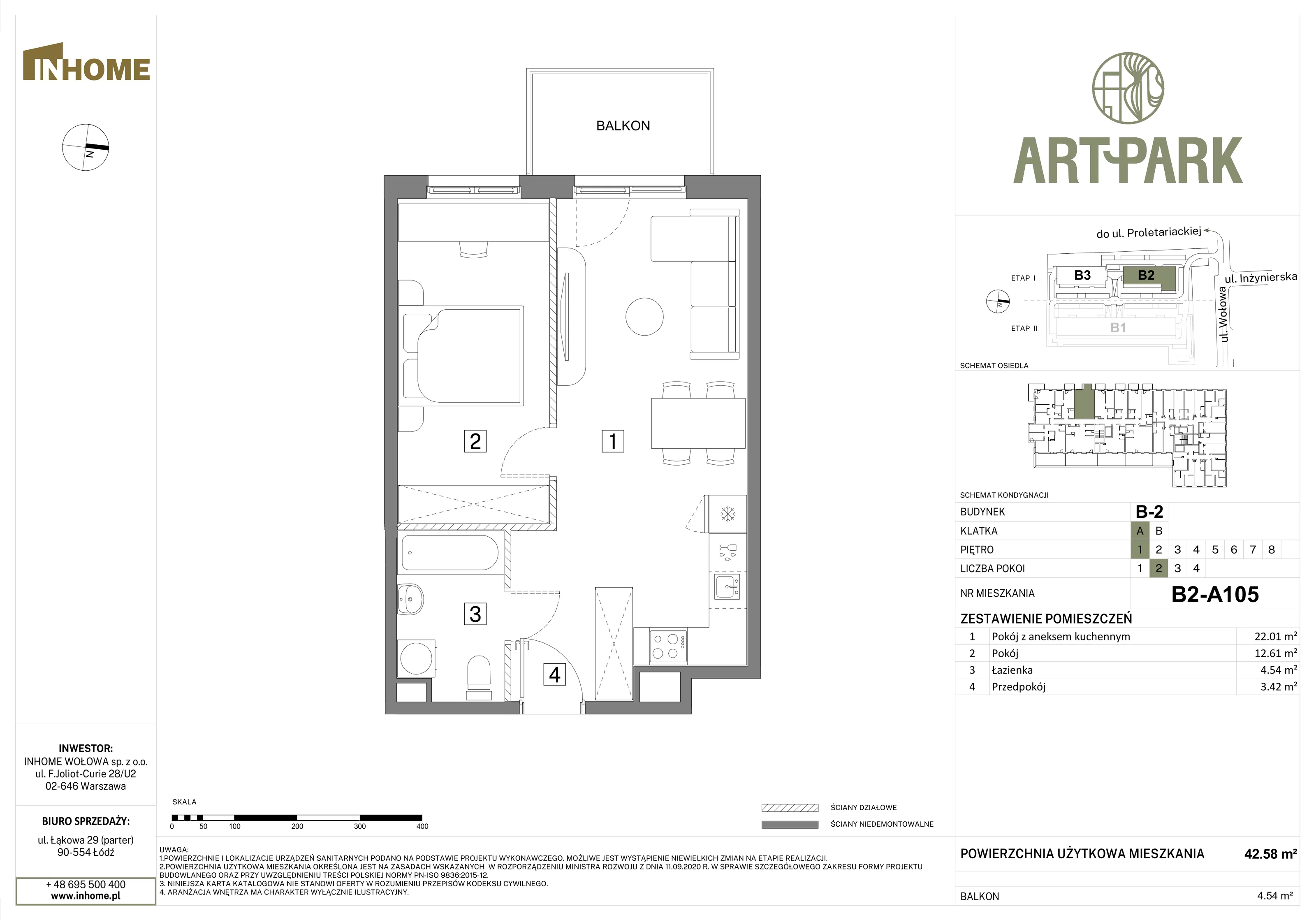 2 pokoje, mieszkanie 42,58 m², piętro 1, oferta nr B2/A105, Osiedle ArtPark, Łódź, Polesie, ul. Wołowa 4a