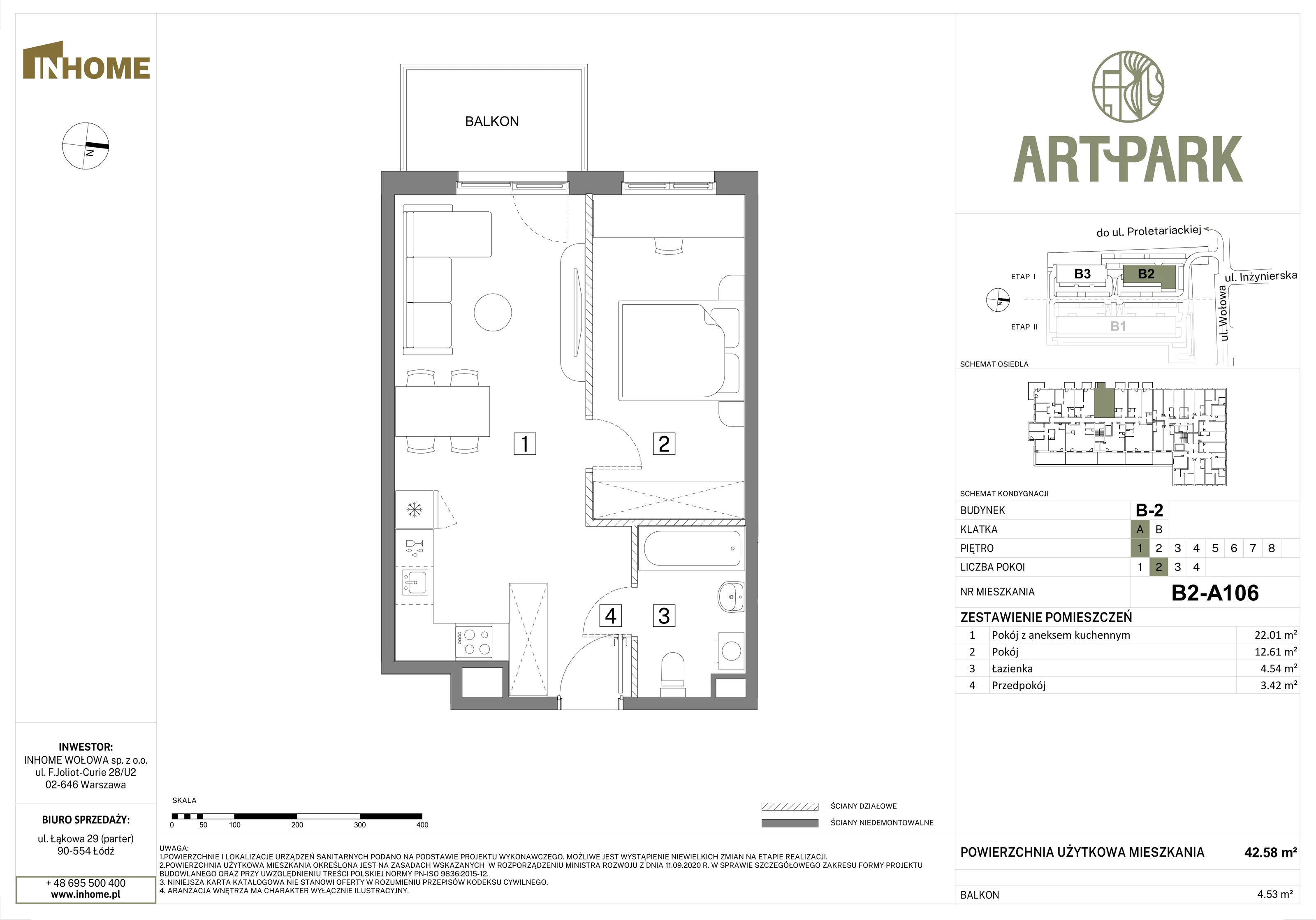2 pokoje, mieszkanie 42,58 m², piętro 1, oferta nr B2/A106, Osiedle ArtPark, Łódź, Polesie, ul. Wołowa 4a
