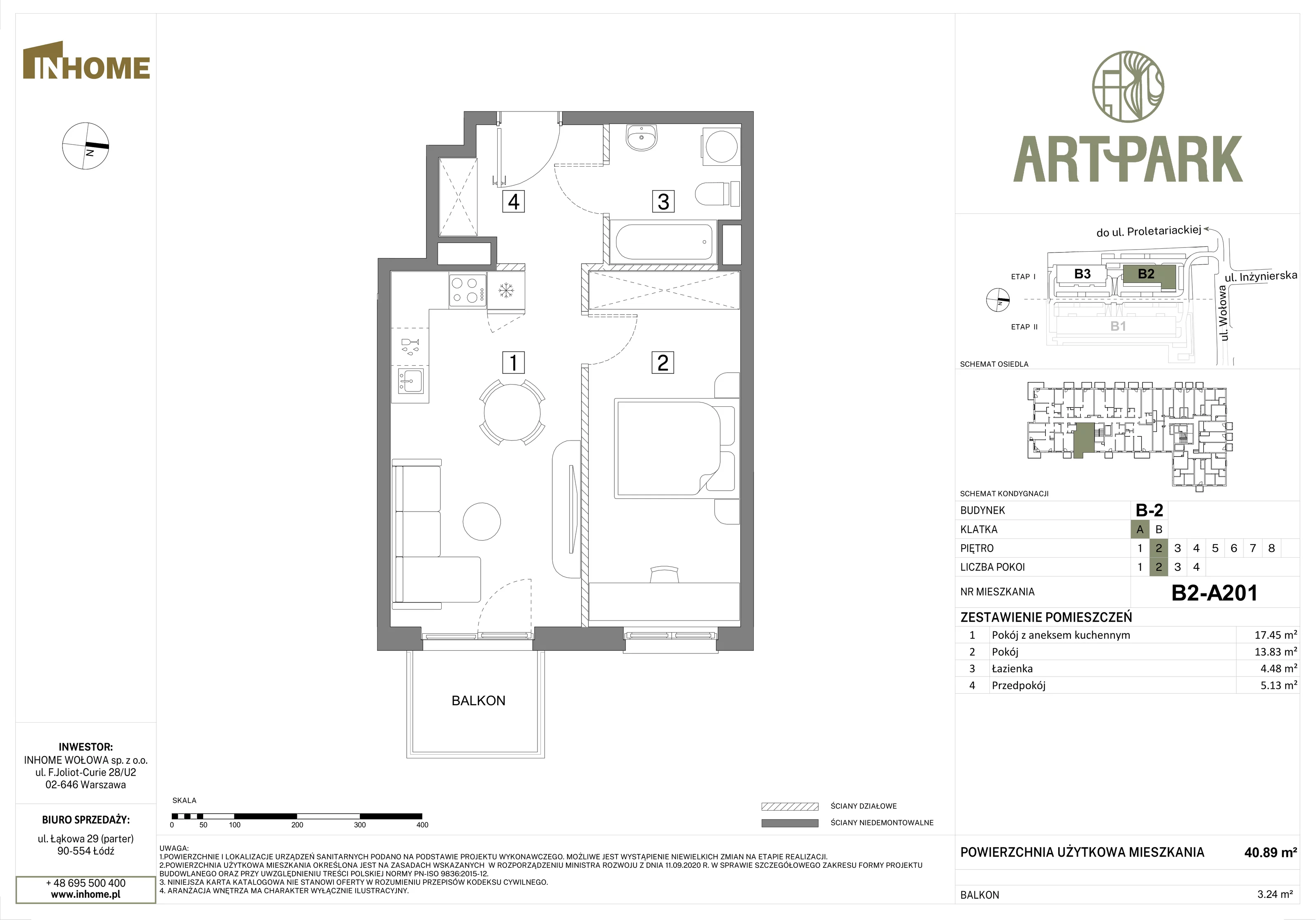 2 pokoje, mieszkanie 40,88 m², piętro 2, oferta nr B2/A201, Osiedle ArtPark, Łódź, Polesie, ul. Wołowa 4a