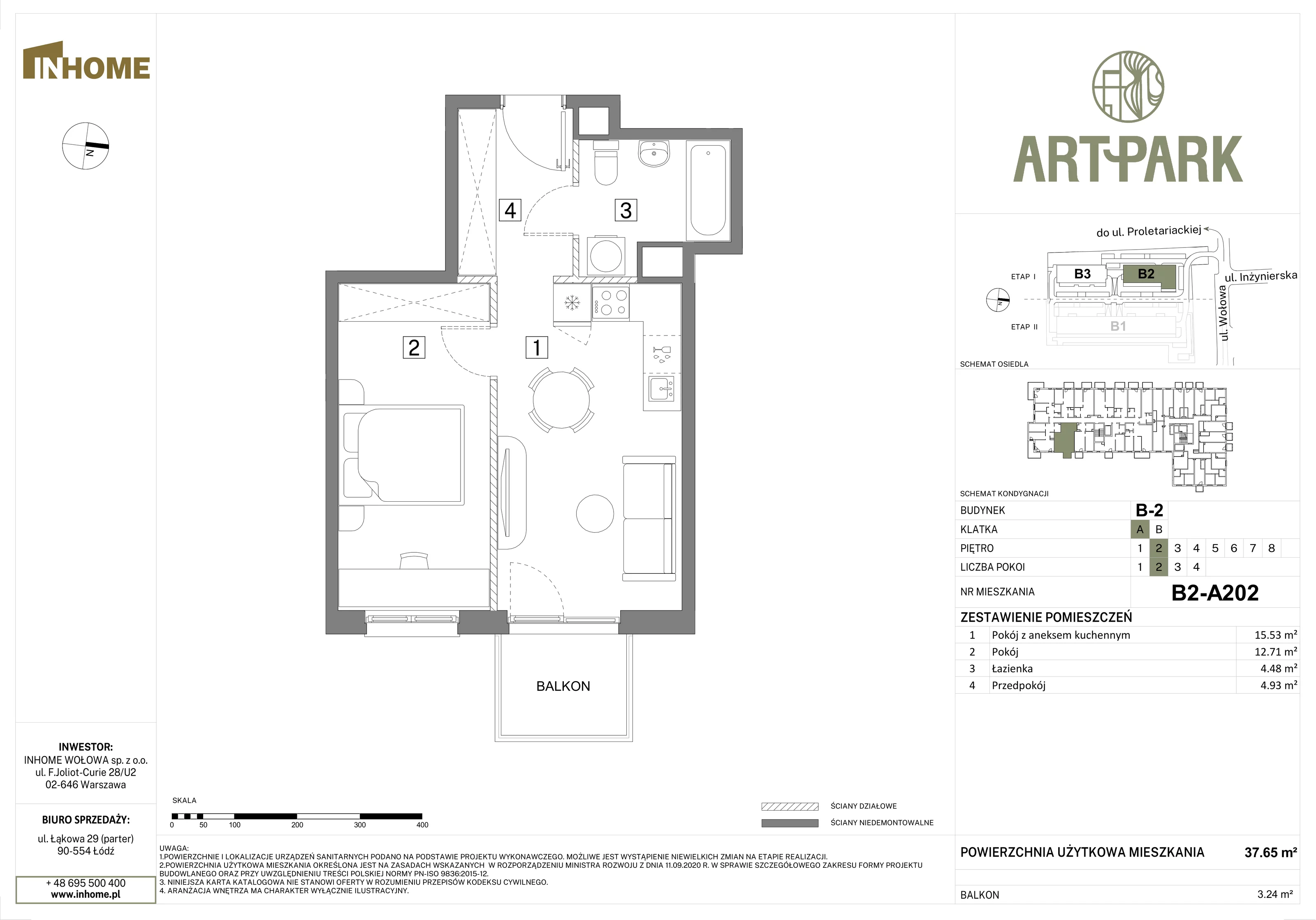 2 pokoje, mieszkanie 37,65 m², piętro 2, oferta nr B2/A202, Osiedle ArtPark, Łódź, Polesie, ul. Wołowa 4a