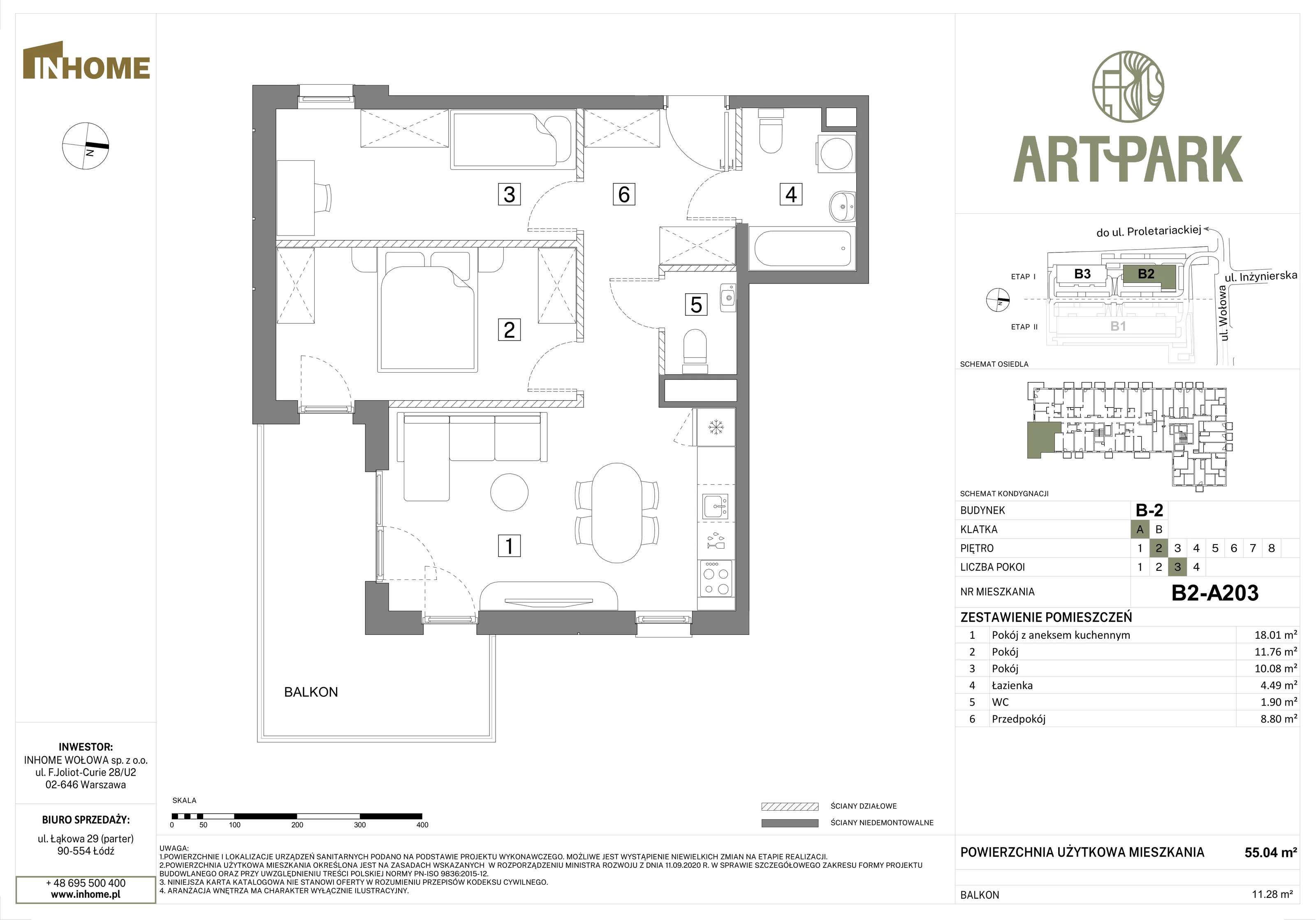 3 pokoje, mieszkanie 55,03 m², piętro 2, oferta nr B2/A203, Osiedle ArtPark, Łódź, Polesie, ul. Wołowa 4a