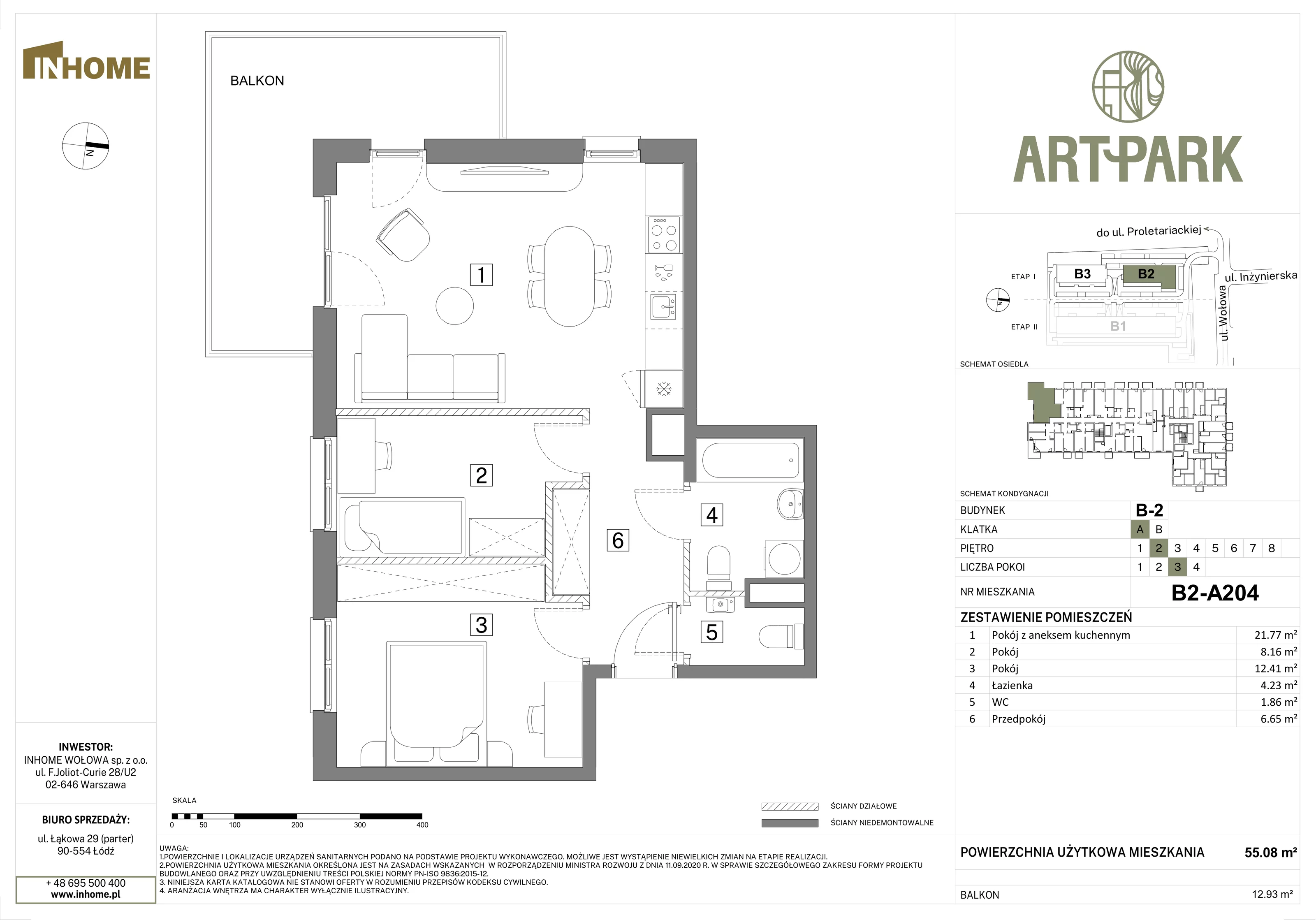 3 pokoje, mieszkanie 55,14 m², piętro 2, oferta nr B2/A204, Osiedle ArtPark, Łódź, Polesie, ul. Wołowa 4a