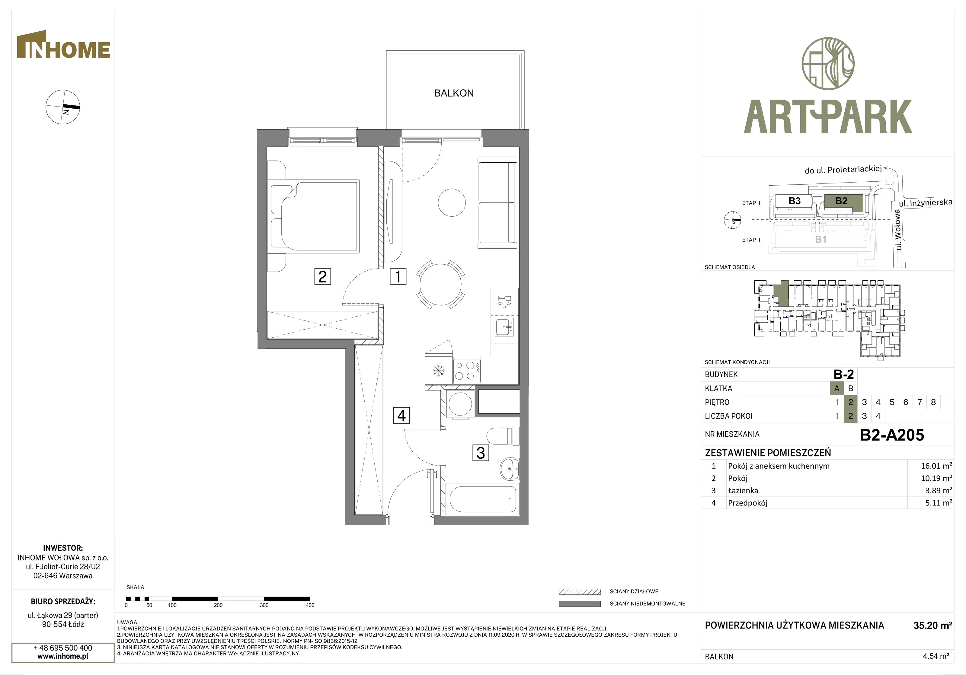 2 pokoje, mieszkanie 35,22 m², piętro 2, oferta nr B2/A205, Osiedle ArtPark, Łódź, Polesie, ul. Wołowa 4a