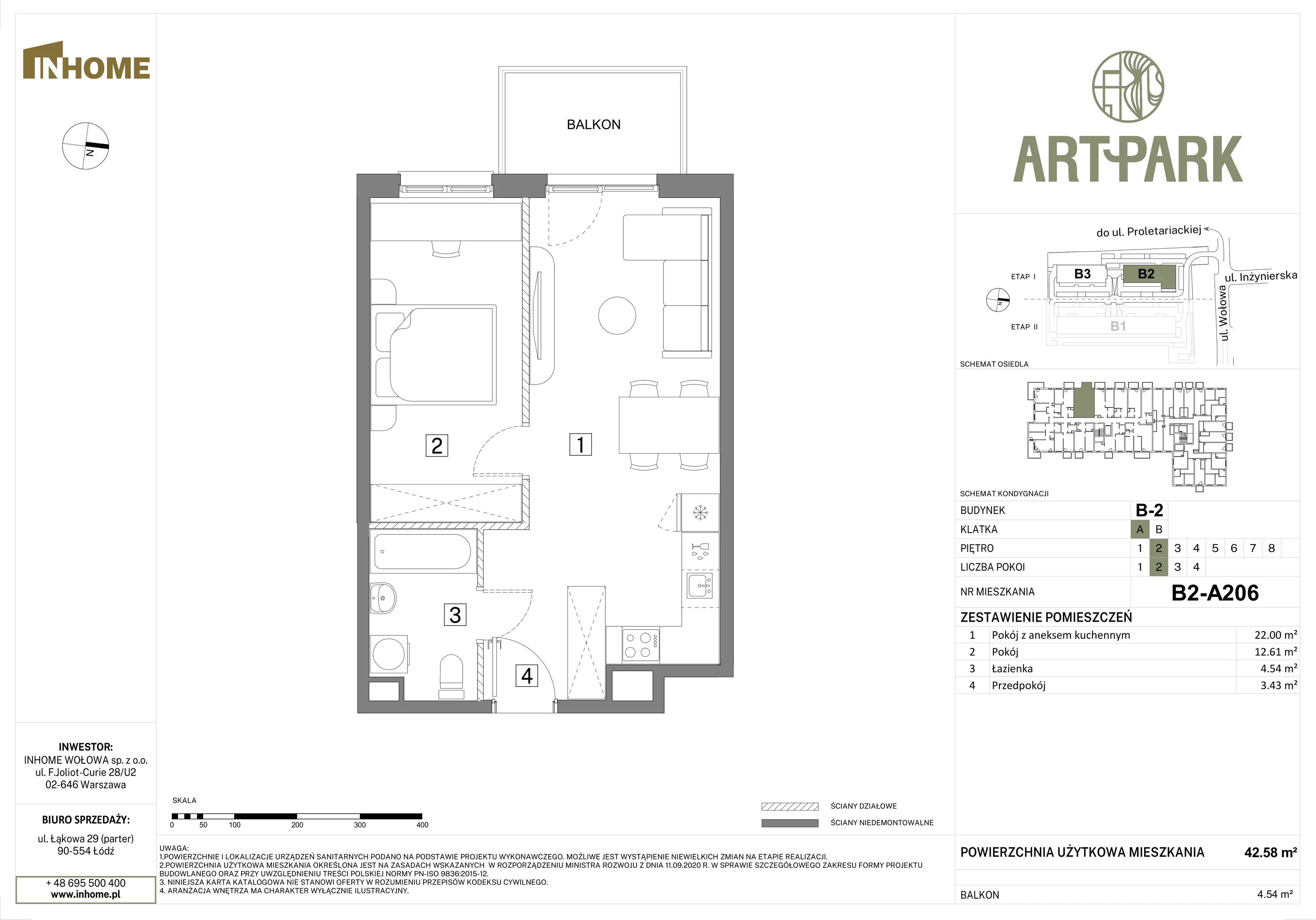2 pokoje, mieszkanie 42,58 m², piętro 2, oferta nr B2/A206, Osiedle ArtPark, Łódź, Polesie, ul. Wołowa 4a